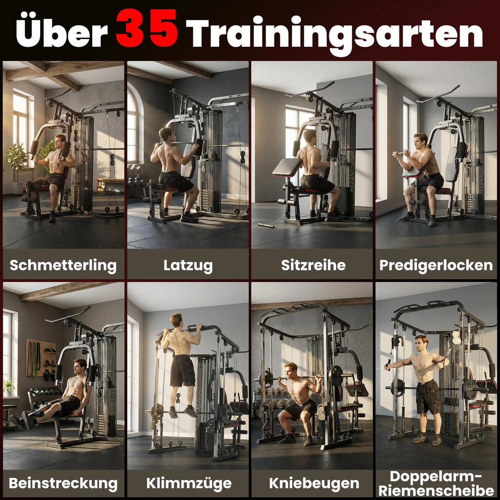 Daugiafunkcė treniruoklių stotelė su 65 kg svoriais, reguliuojamu suoliuku, juoda
