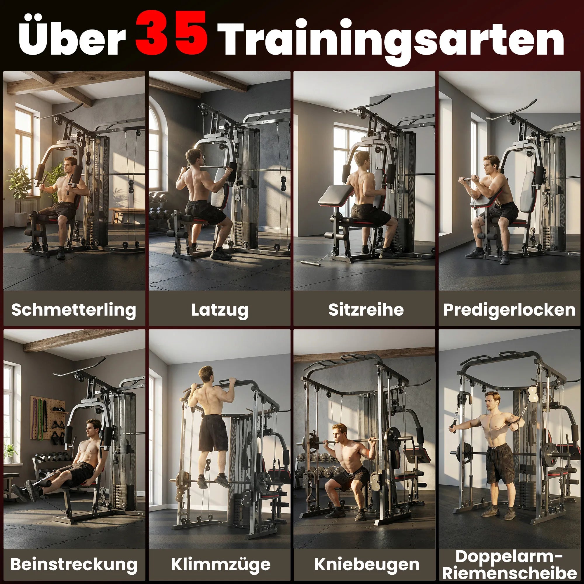 Daugiafunkcė treniruoklių stotelė su 65 kg svoriais, reguliuojamu suoliuku, juoda