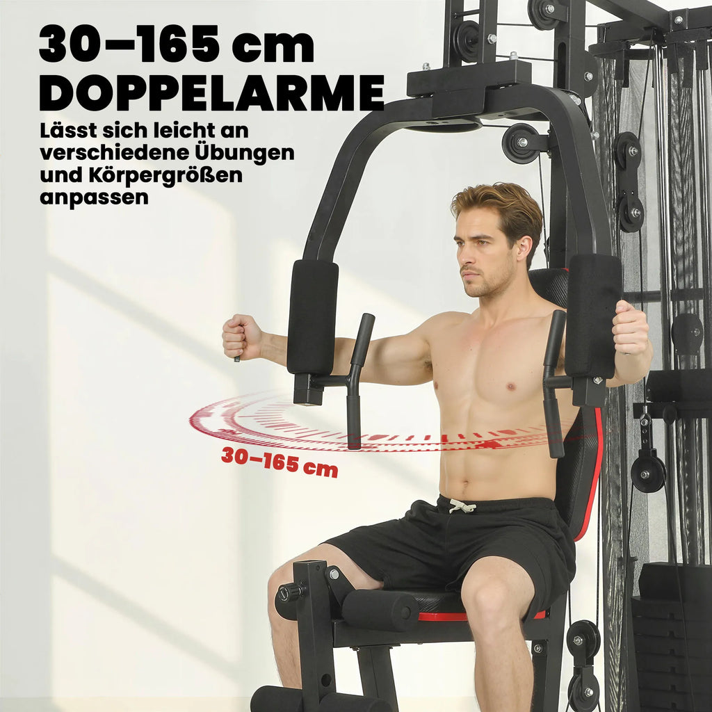 Daugiafunkcė treniruoklių stotelė su 65 kg svoriais, reguliuojamu suoliuku, juoda