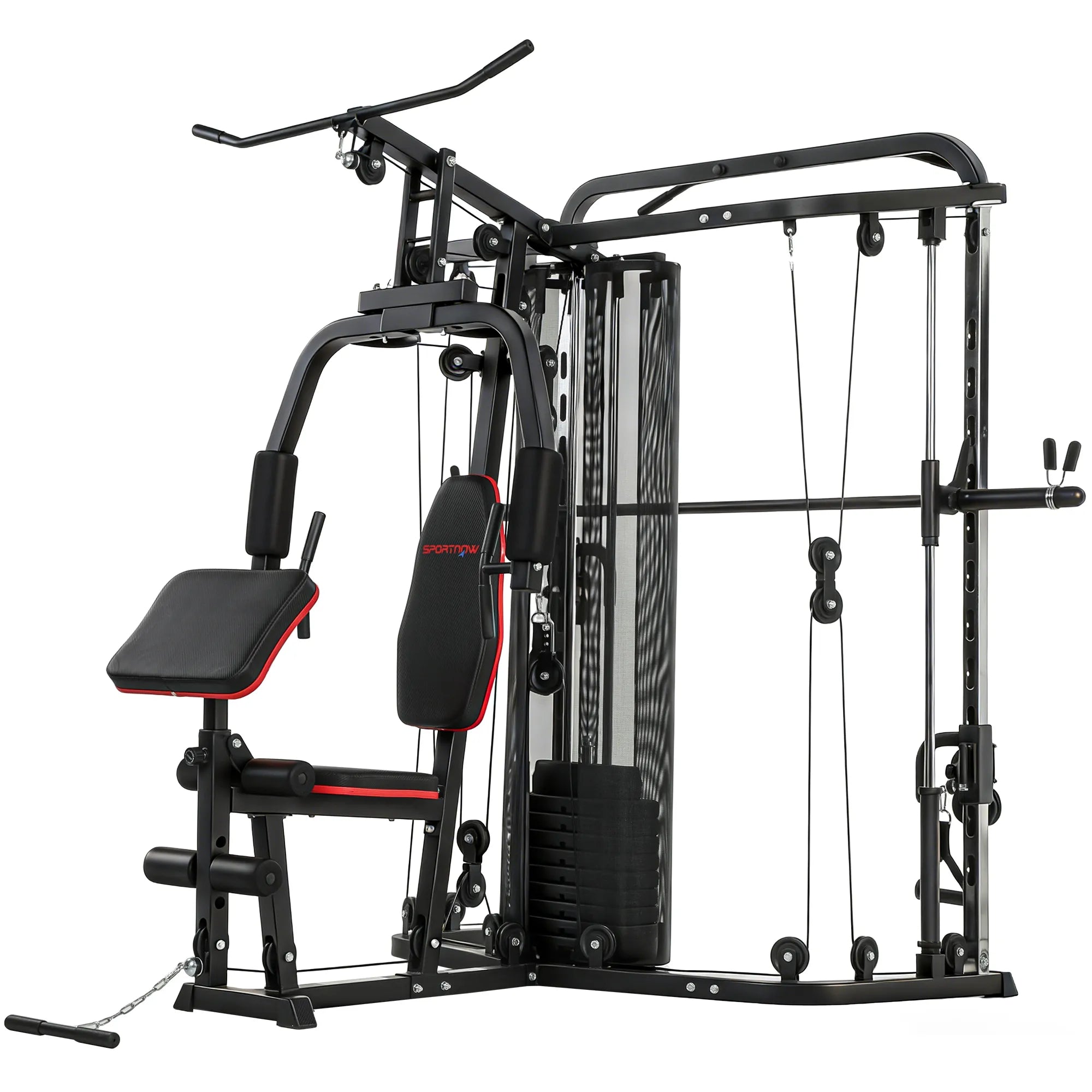 Daugiafunkcė treniruoklių stotelė su 65 kg svoriais, reguliuojamu suoliuku, juoda