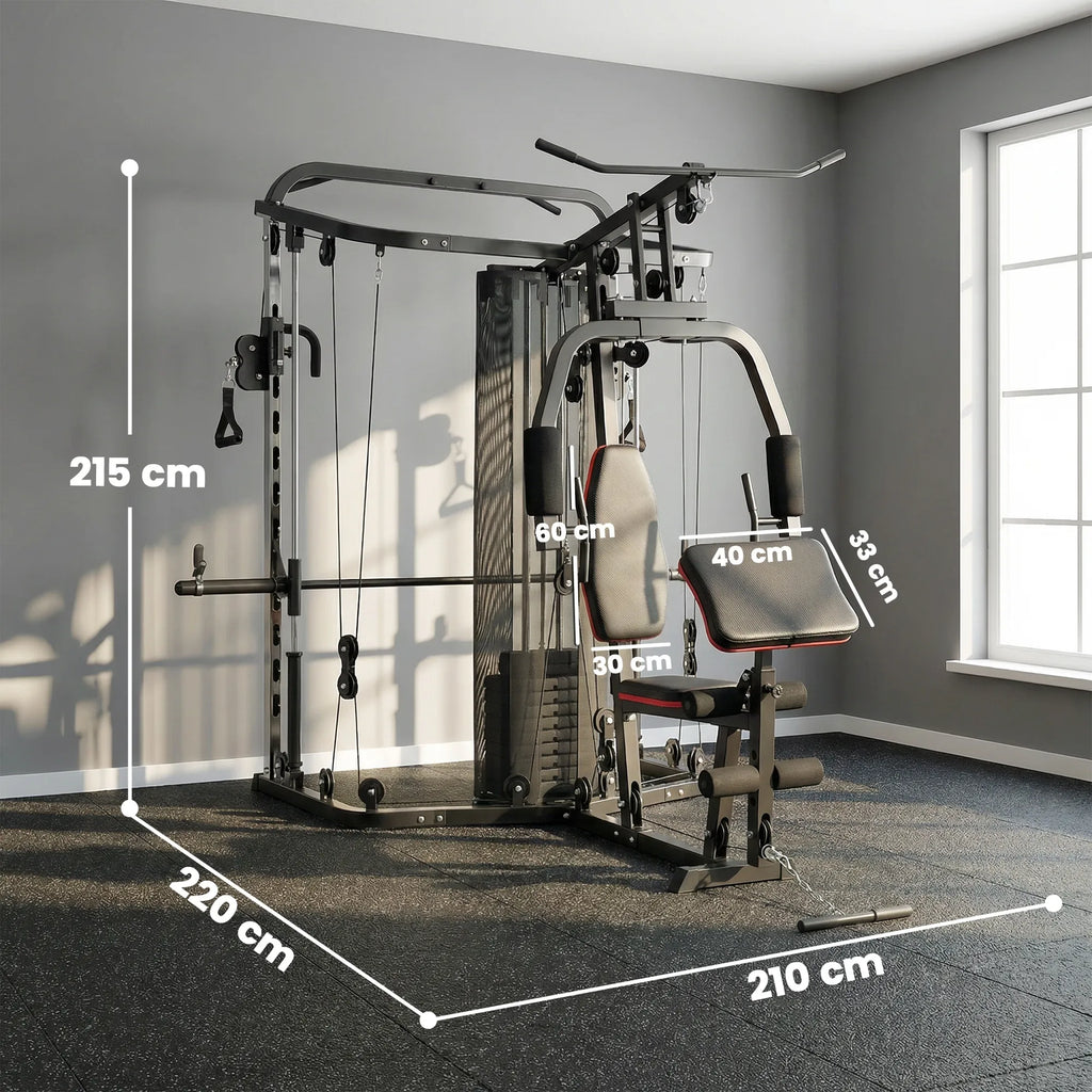 Daugiafunkcė treniruoklių stotelė su 65 kg svoriais, reguliuojamu suoliuku, juoda