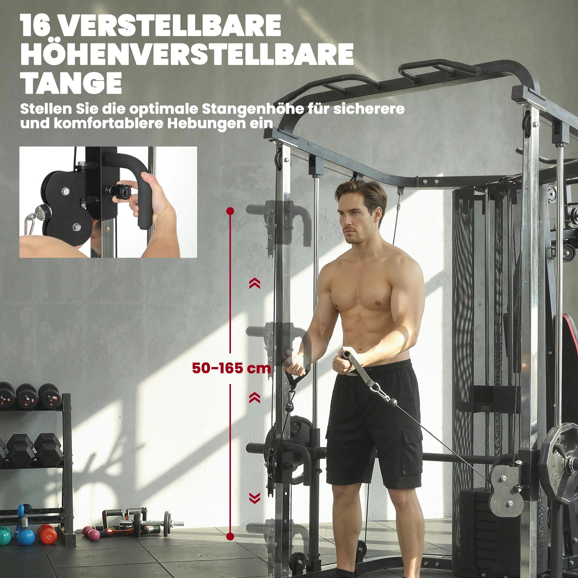 Daugiafunkcė treniruoklių stotelė su 65 kg svoriais, reguliuojamu suoliuku, juoda