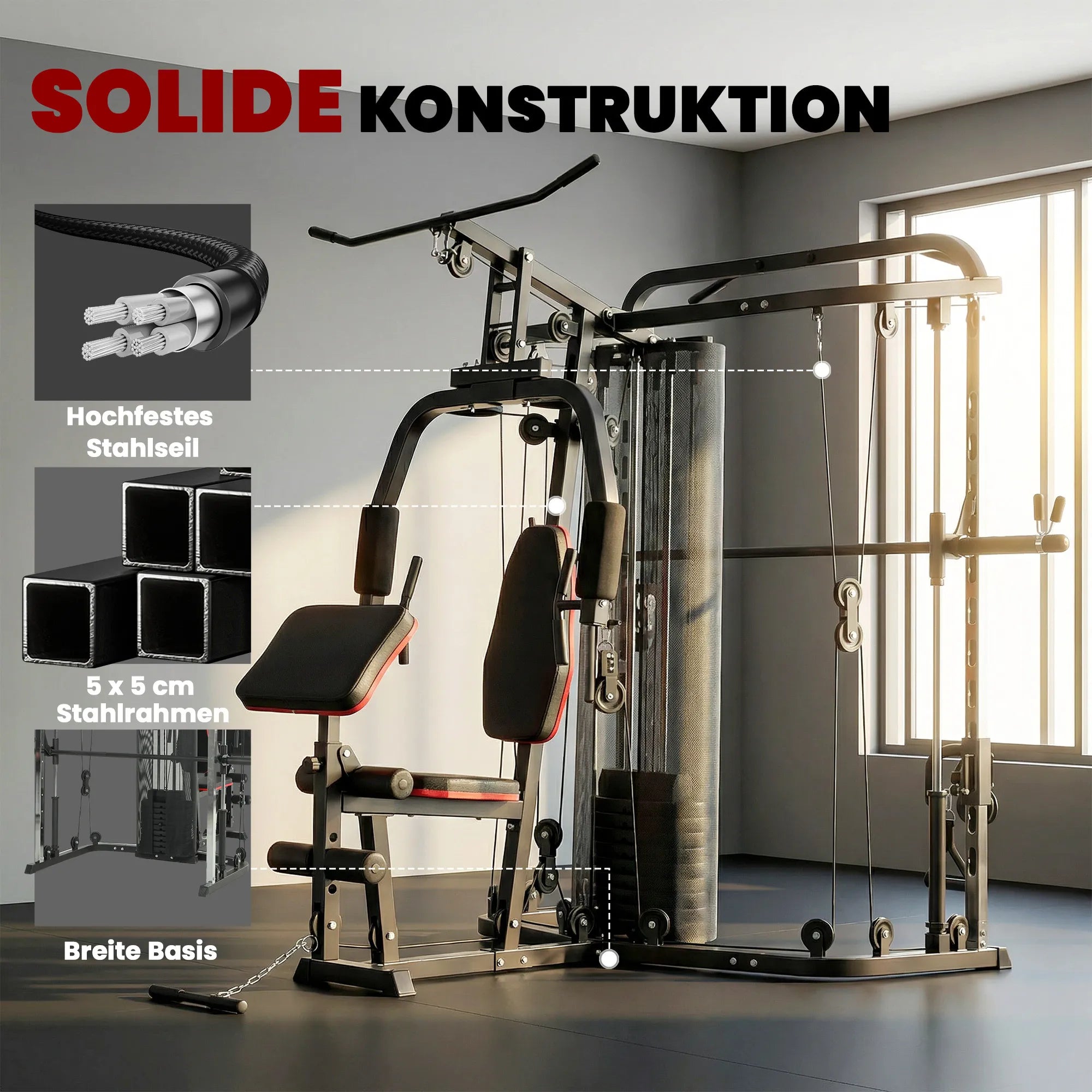 Daugiafunkcė treniruoklių stotelė su 65 kg svoriais, reguliuojamu suoliuku, juoda