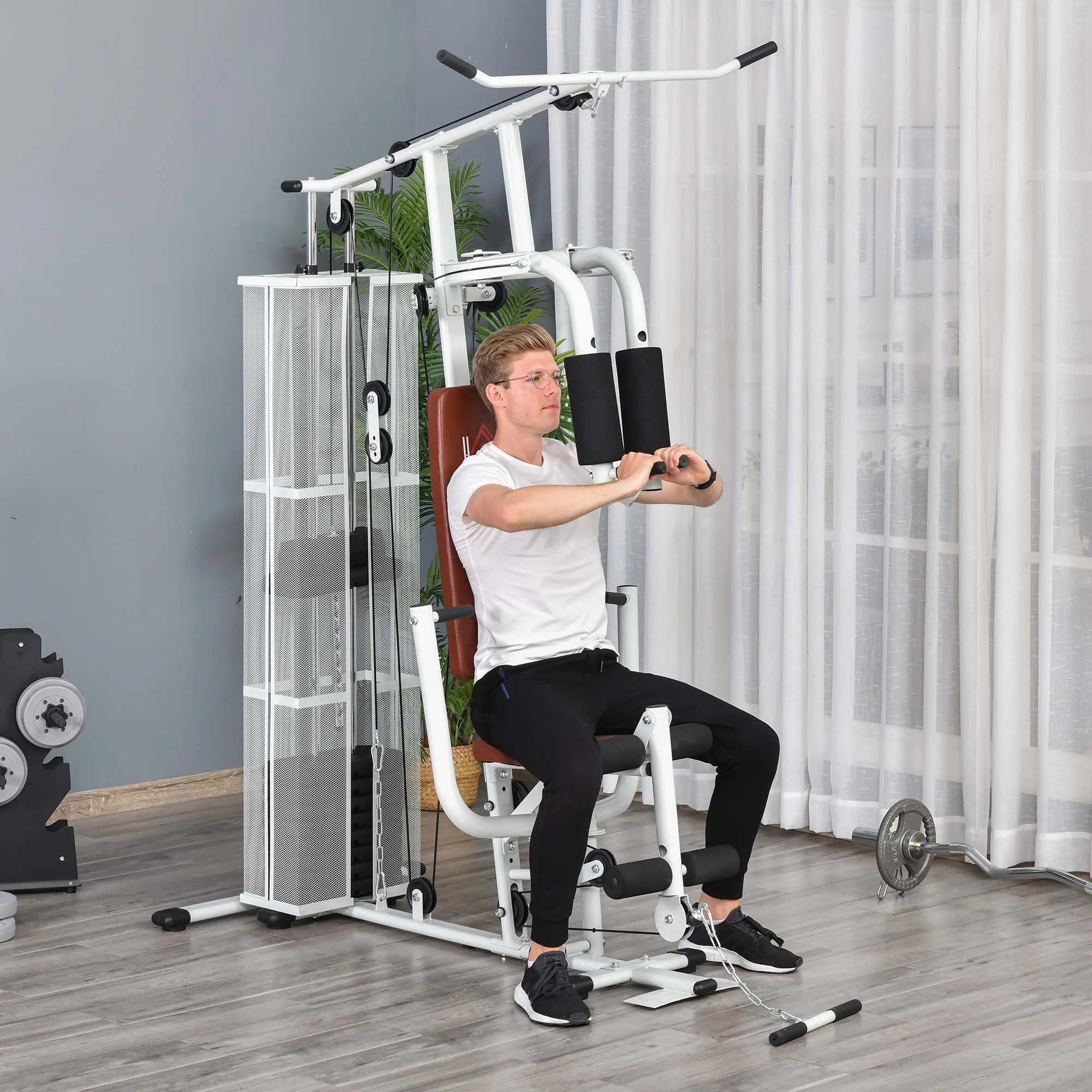 Daugiafunkcė treniruoklių stotelė su svoriais, iki 120 kg, balta