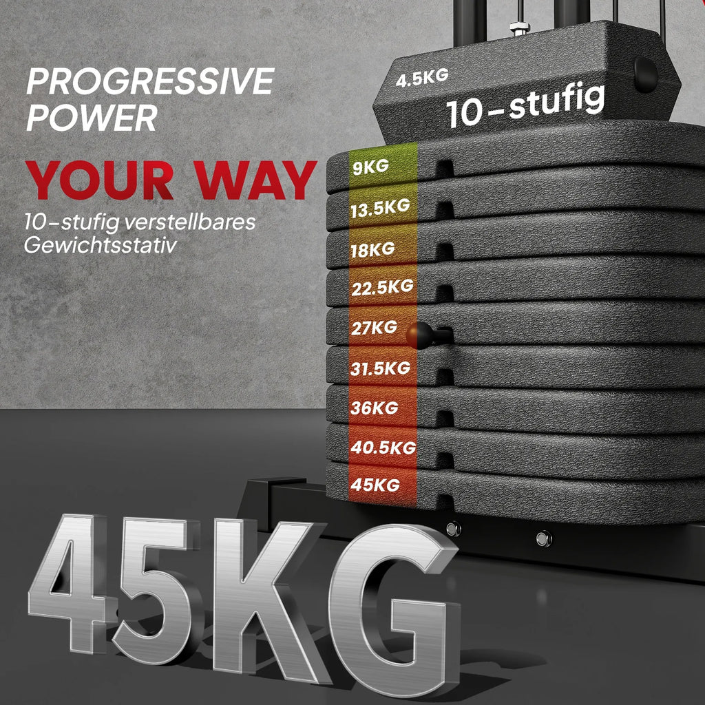 Daugiafunkcė treniruoklių stotis su 45 kg svoriais, juoda