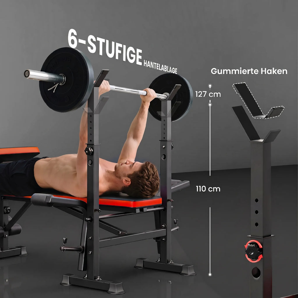 Daugiafunkcinis treniruočių suoliukas su stovu, iki 100 kg, juoda