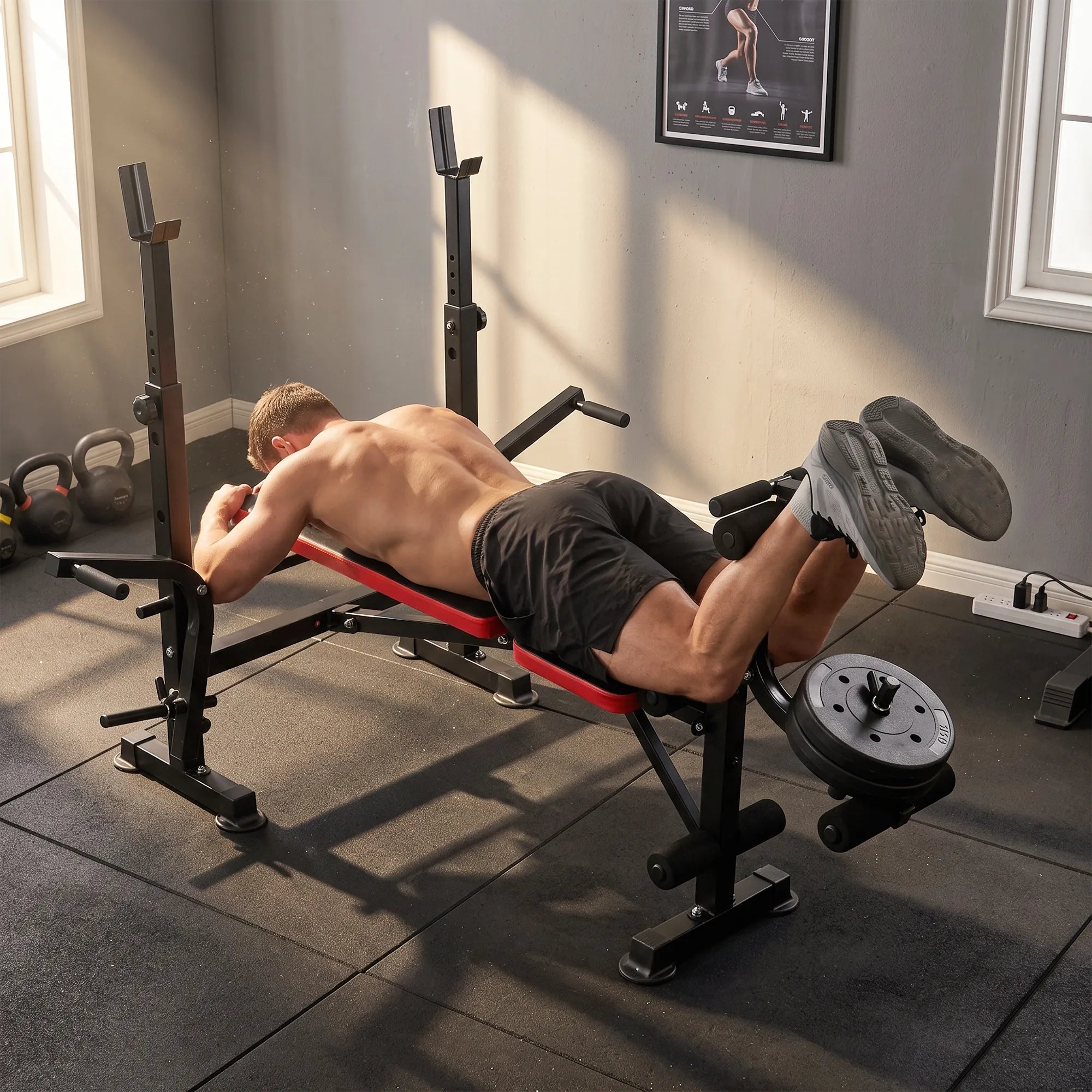 Daugiafunkcinis treniruočių suoliukas su stovu, iki 100 kg, juoda