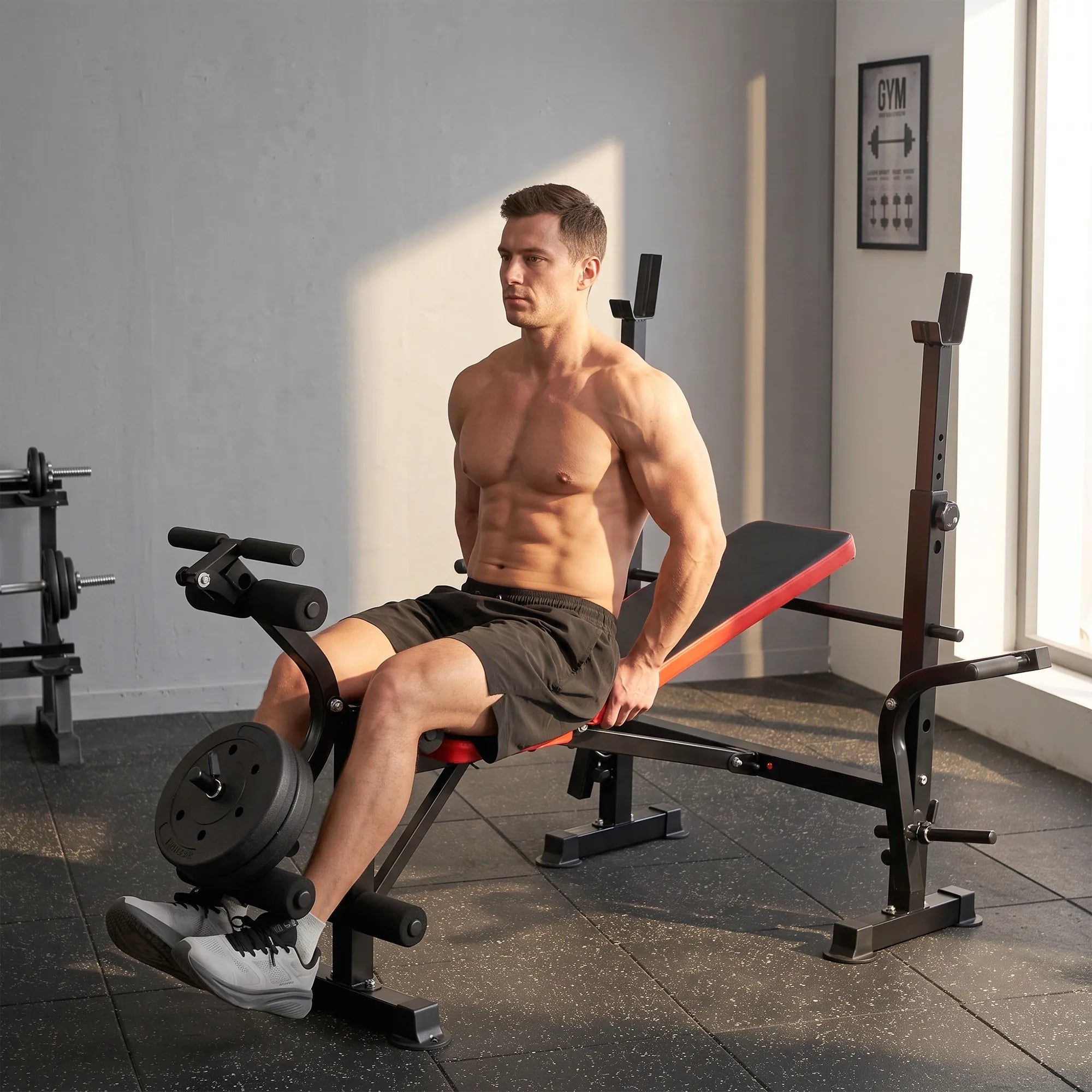 Daugiafunkcinis treniruočių suoliukas su stovu, iki 100 kg, juoda