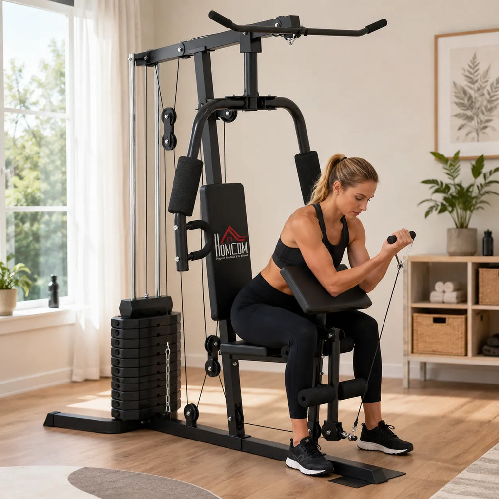 Daugiafunkcinis treniruoklis iki 110 kg, su 45 kg svorių bloku, plieninė, juoda