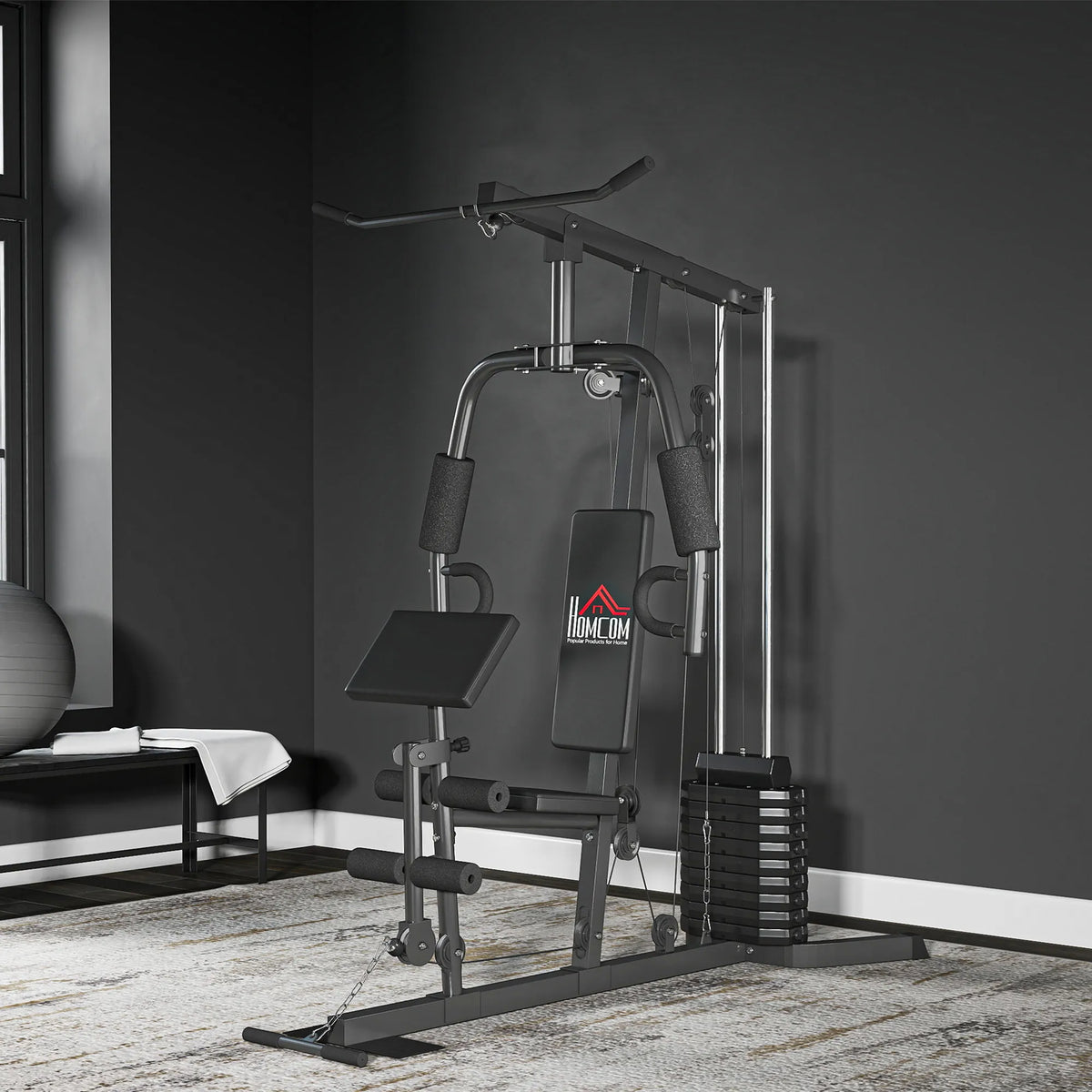 Daugiafunkcinis treniruoklis iki 110 kg, su 45 kg svorių bloku, plieninė, juoda