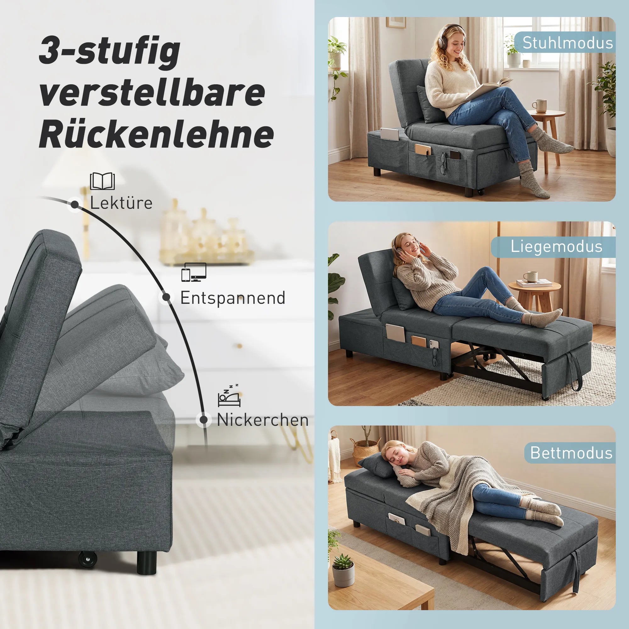 Daugiafunkcis 4-in-1 fotelis sofa-lova, transformuojama su atlošu ir pagalvėlėmis