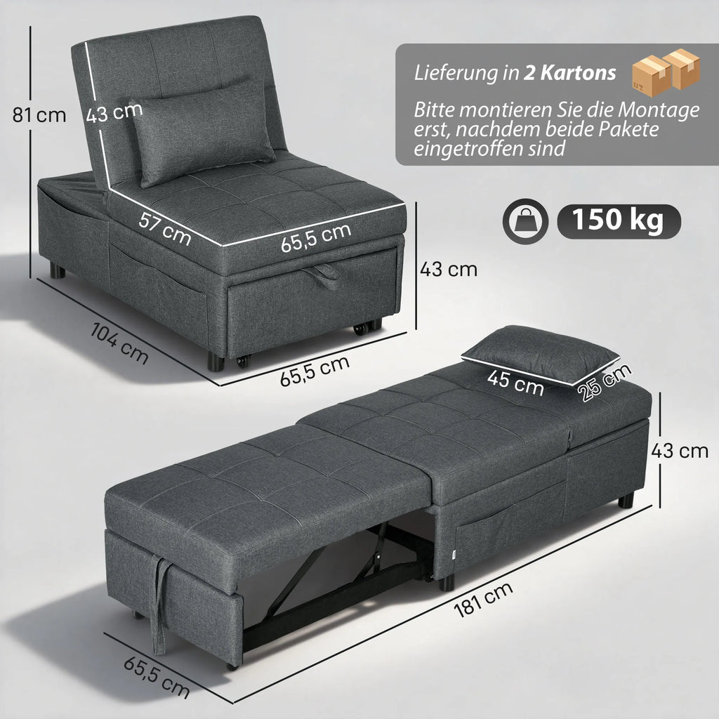Daugiafunkcis 4-in-1 fotelis sofa-lova, transformuojama su atlošu ir pagalvėlėmis