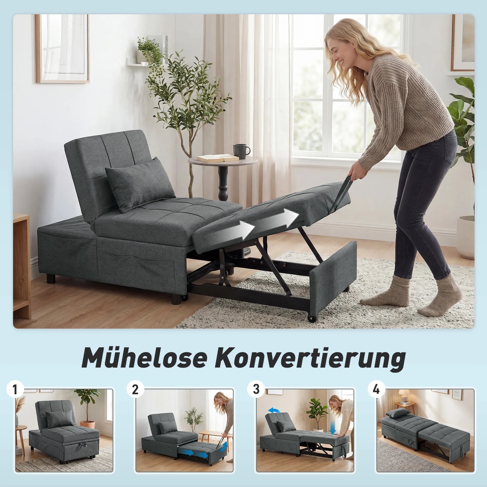 Daugiafunkcis 4-in-1 fotelis sofa-lova, transformuojama su atlošu ir pagalvėlėmis