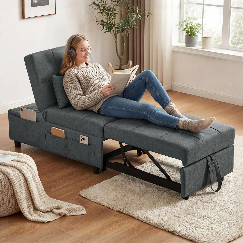 Daugiafunkcis 4-in-1 fotelis sofa-lova, transformuojama su atlošu ir pagalvėlėmis