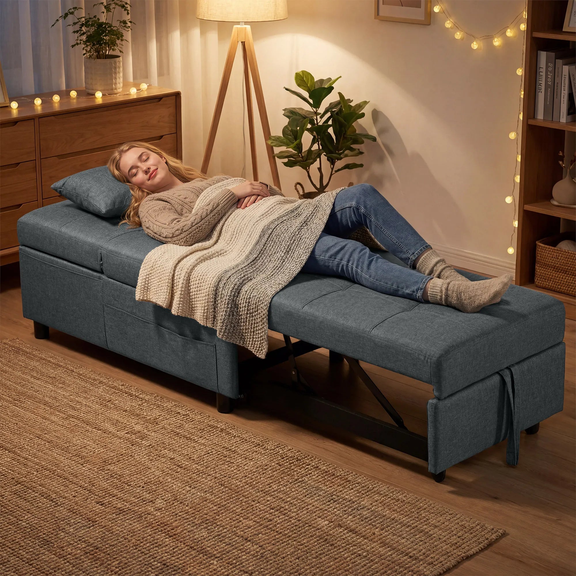 Daugiafunkcis 4-in-1 fotelis sofa-lova, transformuojama su atlošu ir pagalvėlėmis