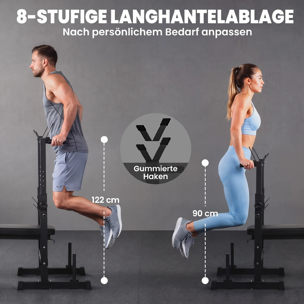 Daugiafunkcis treniruočių suoliukas su reguliuojamu štangos laikikliu, sulankstomas, iki 220 kg, juodas