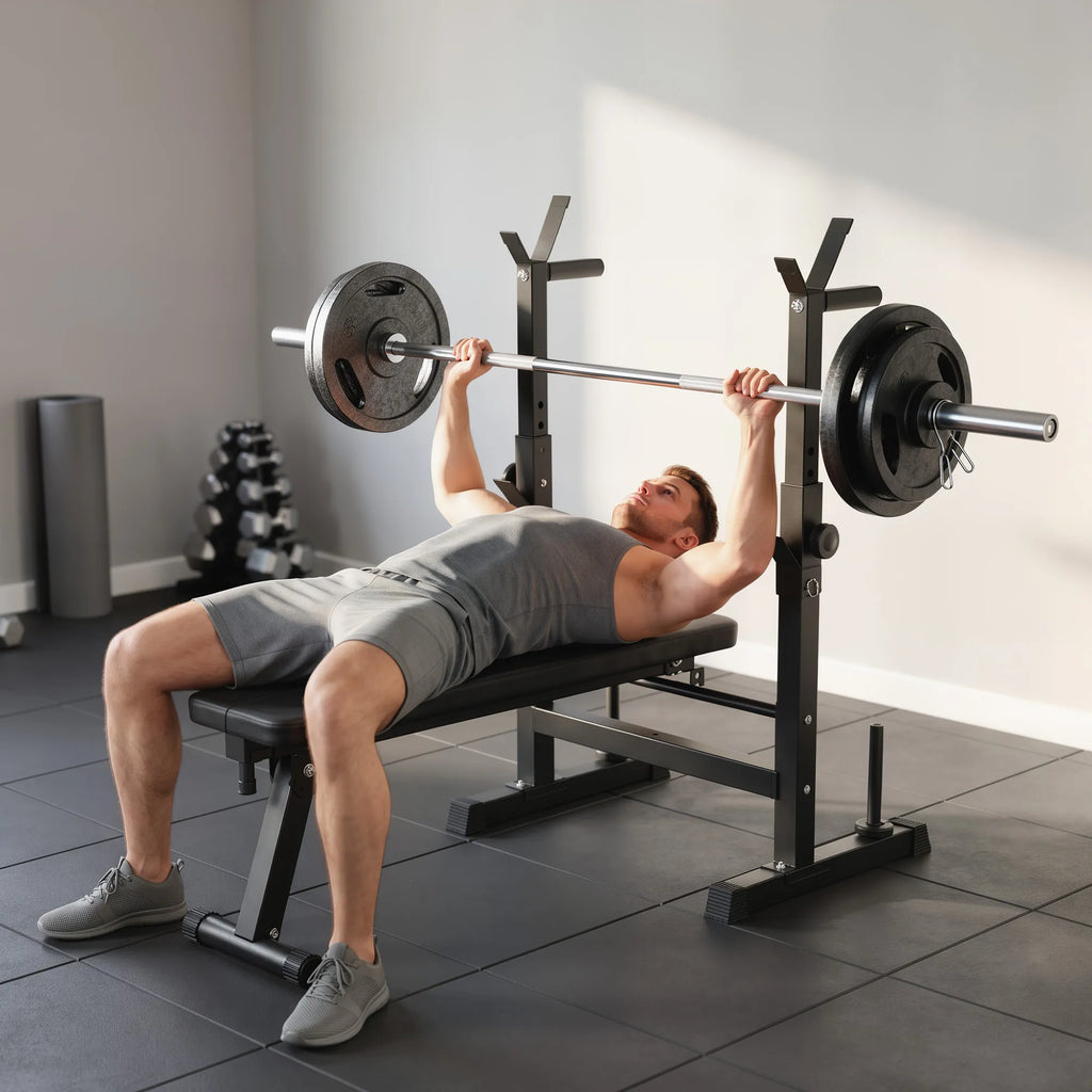 Daugiafunkcis treniruočių suoliukas su reguliuojamu štangos laikikliu, sulankstomas, iki 220 kg, juodas