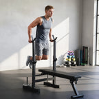 Daugiafunkcis treniruočių suoliukas su reguliuojamu štangos laikikliu, sulankstomas, iki 220 kg, juodas