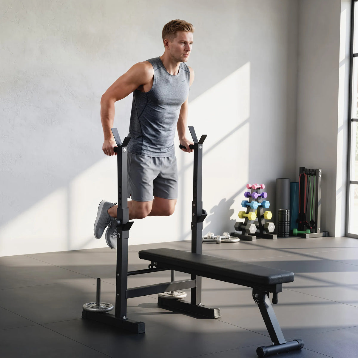Daugiafunkcis treniruočių suoliukas su reguliuojamu štangos laikikliu, sulankstomas, iki 220 kg, juodas