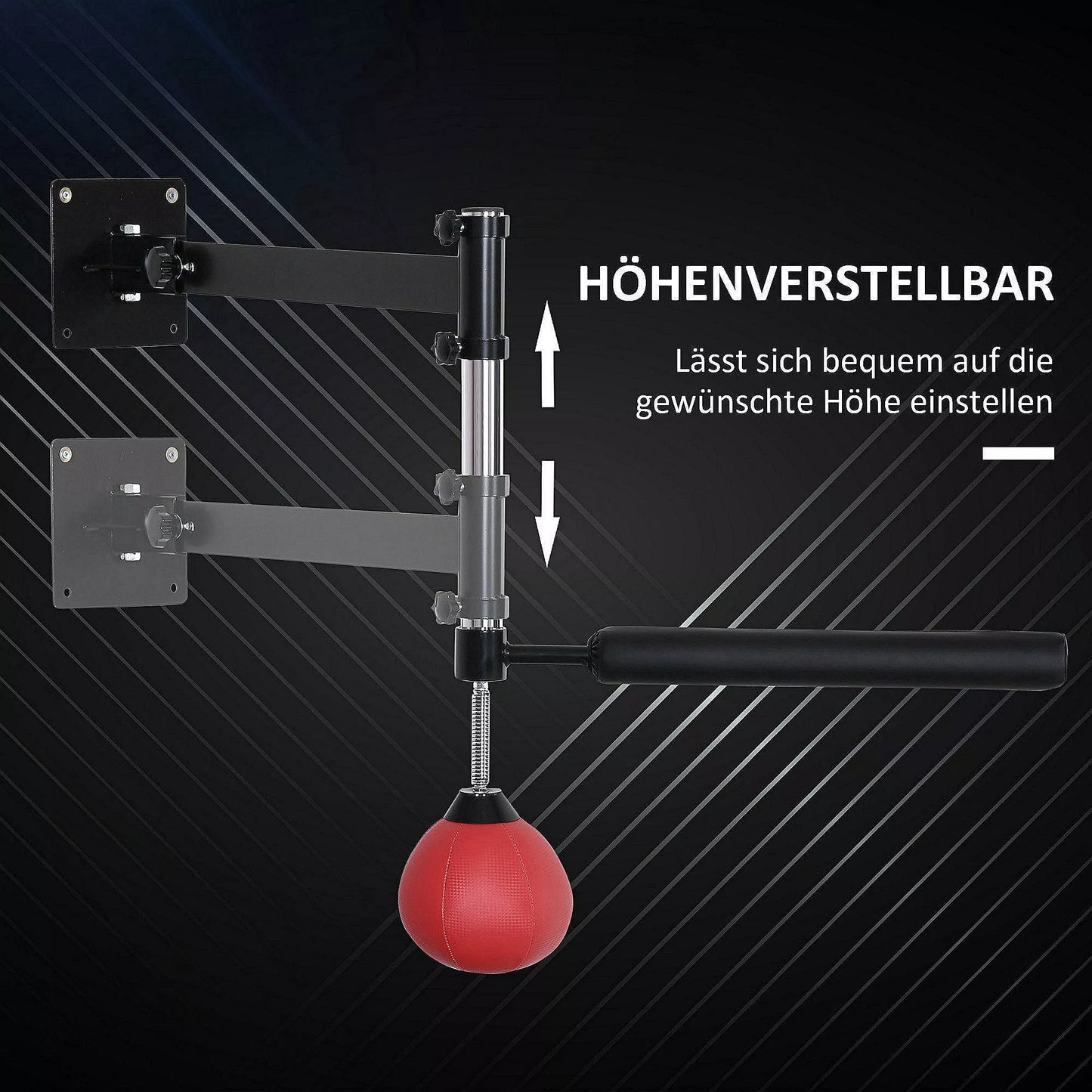 Bokso stovas su speedball'u ir refleksine lazdele, sieninis tvirtinimas, reguliuojamas aukščiui, Juoda/Raudona