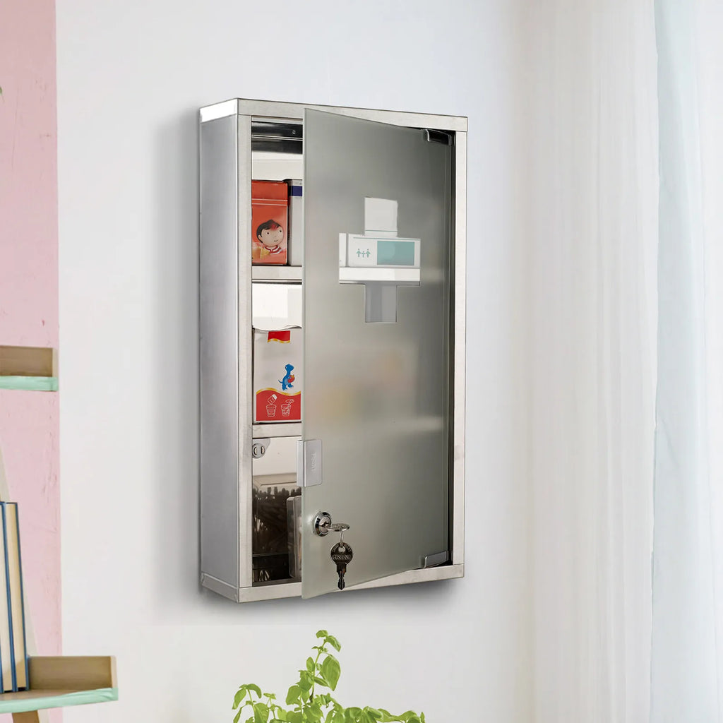 Medicinos spintelė iš nerūdijančio plieno Vaistų spintelė vaistams laikyti, užrakinama Vaistų spintelė su 3 skyreliais, stiklinėmis durelėmis 25 x 12 x 48 cm, sidabrinė