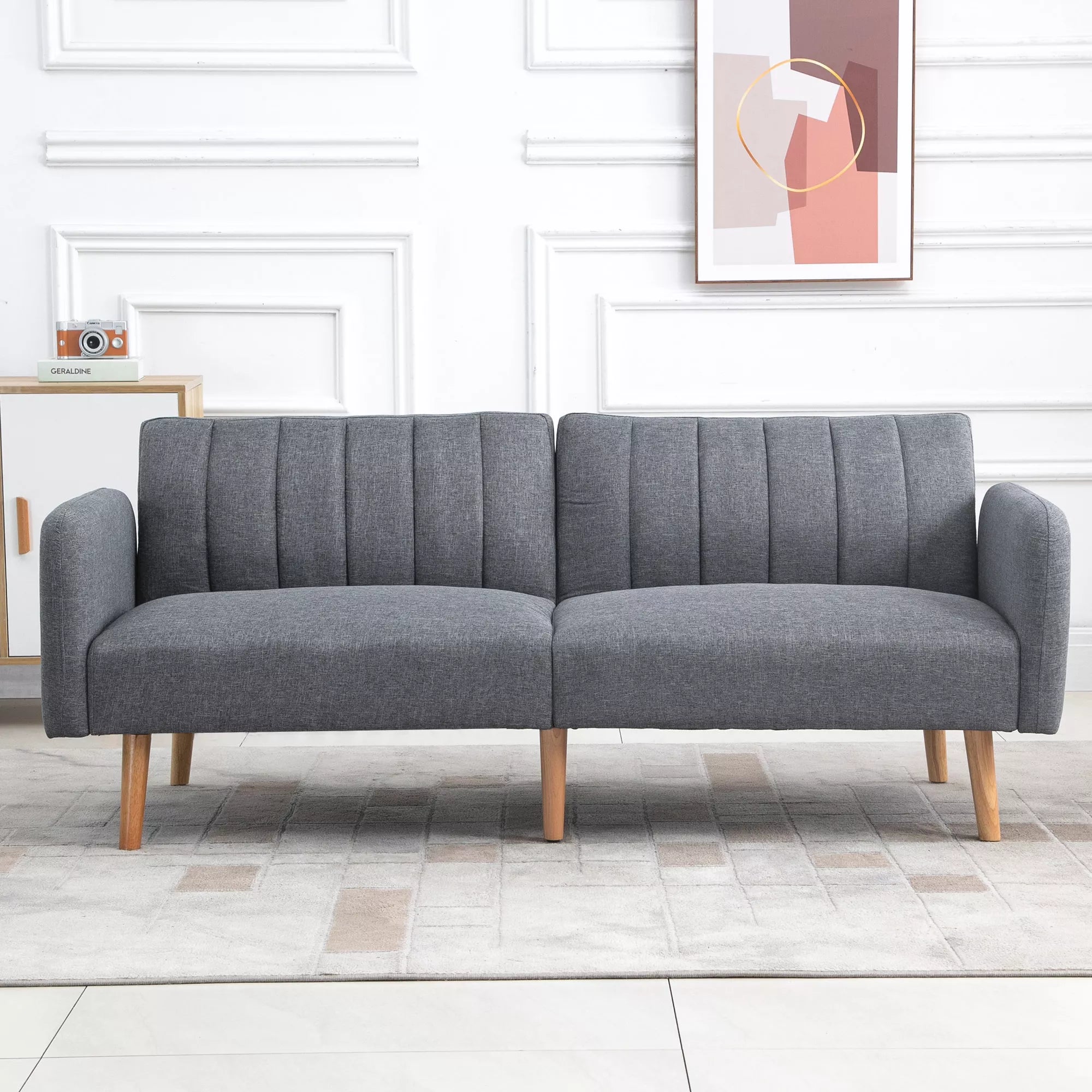 Miegamasis sofos, 2-vietė audinio sofa, sofa su miego funkcija, lino tipo poliesteris, kaučiuko medis, 173 x 75 x 73 cm, pilka