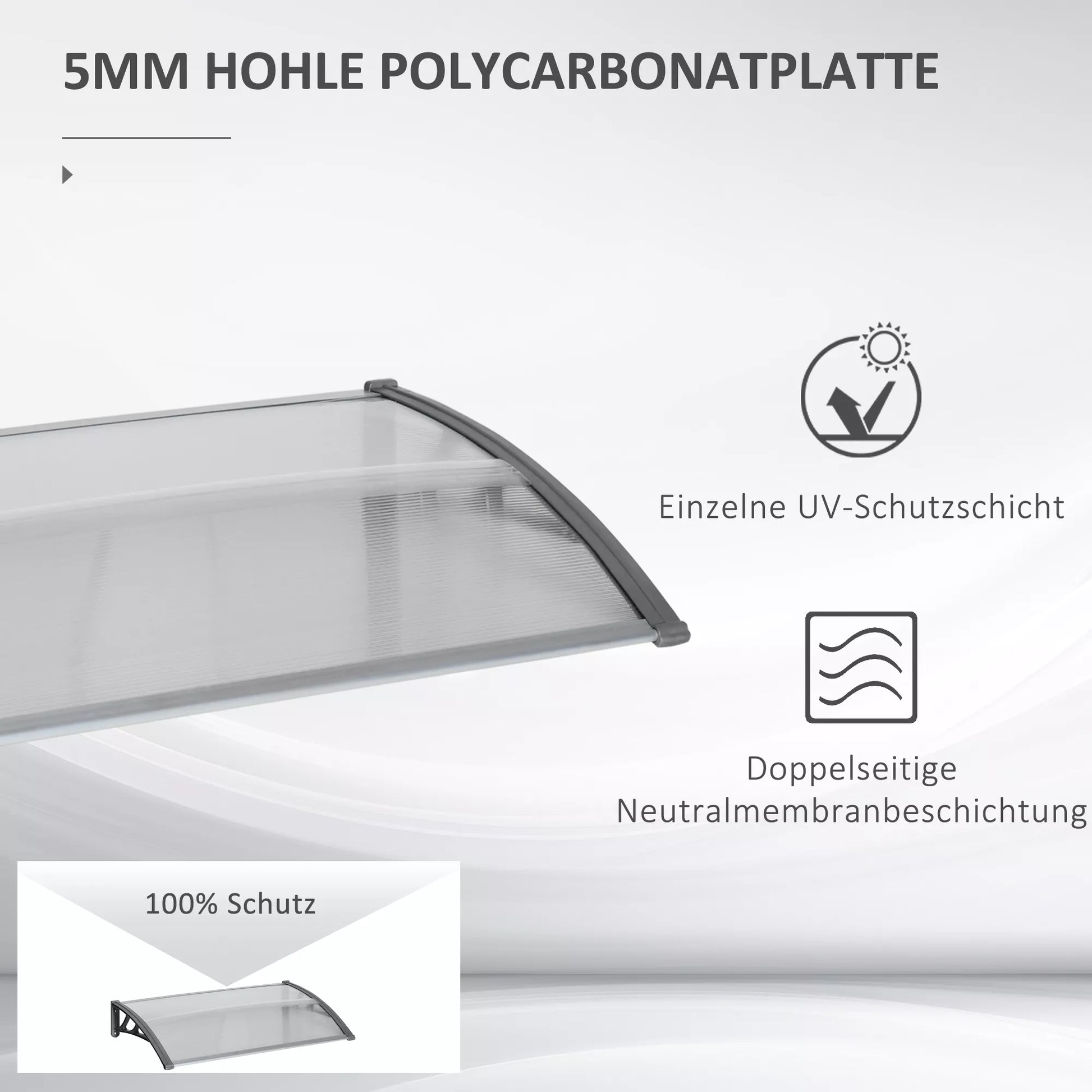 Durų stogelis, apsauga nuo lietaus, vėjo ir krušos, polikarbonatas, aliuminis, 110 x 60 x 18 cm, pilkos spalvos