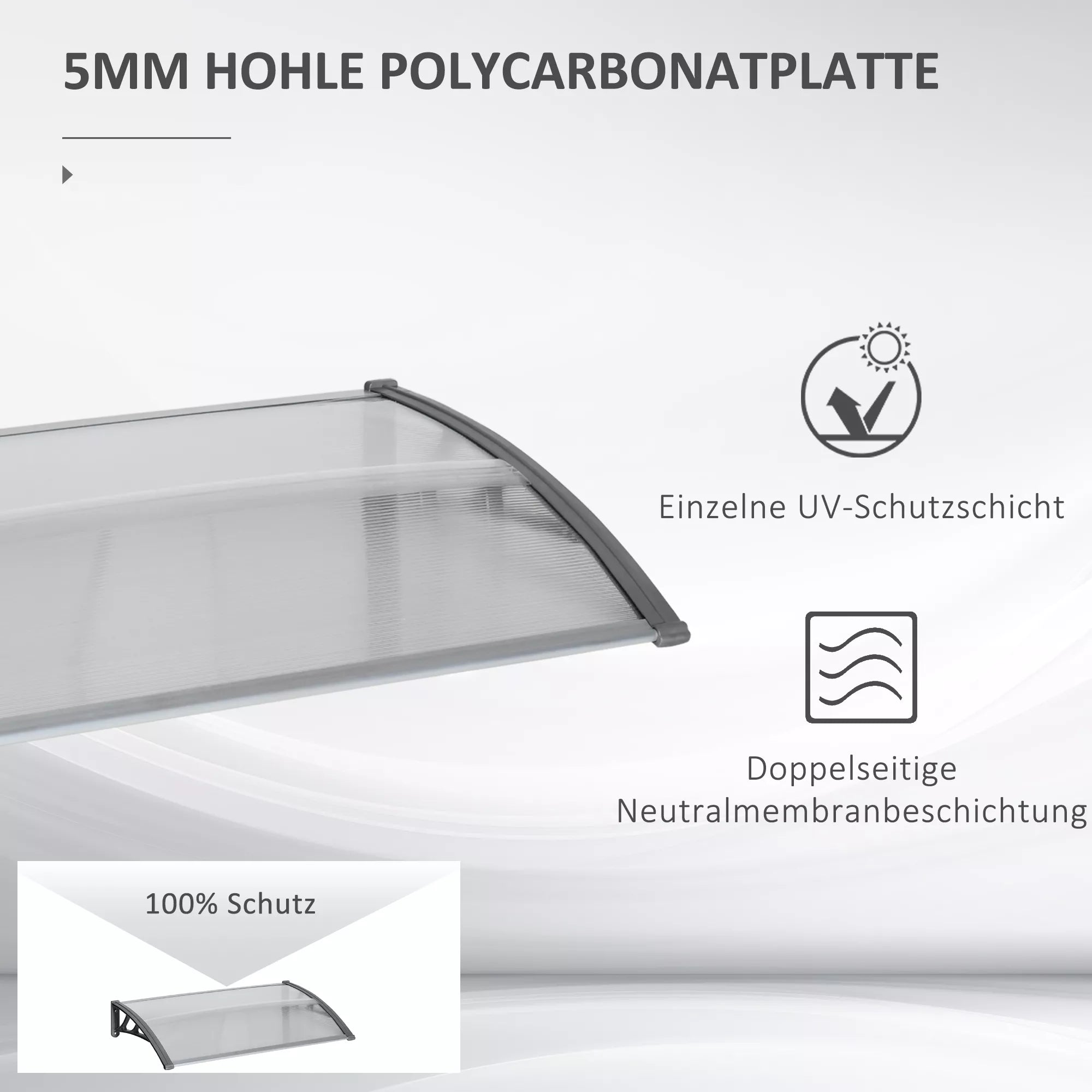 Durų stogelis, apsauga nuo lietaus, vėjo ir krušos, polikarbonatas, aliuminis, 110 x 60 x 18 cm, pilkos spalvos