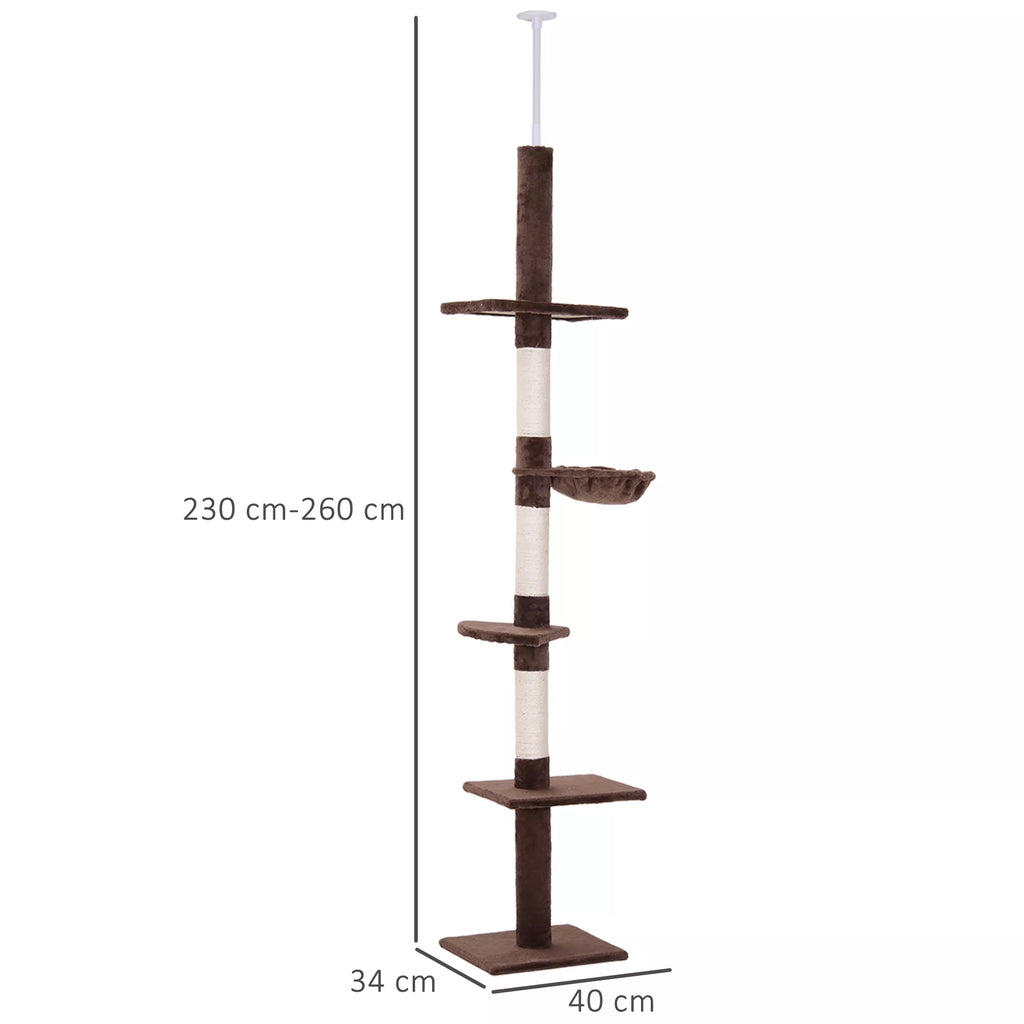Infografika su draskyklės iki lubat matmenimis: 40 cm bazitas, 34 cm gylis, 230–260 cm aukštis