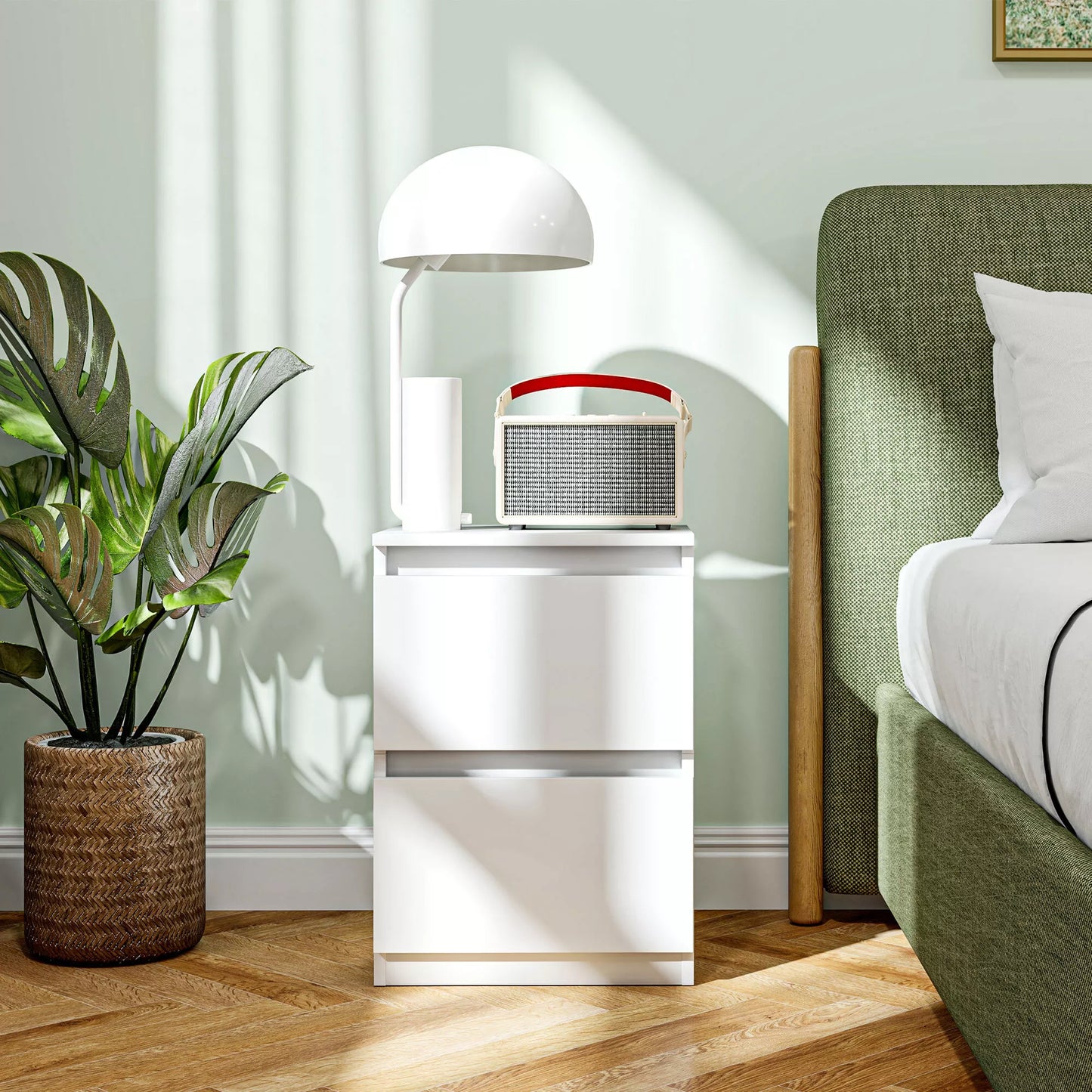 Naktinis staliukas su 2 stalčiais, pagalbinis staliukas su daiktadėže, skirtas svetainei, miegamajam, baltas.