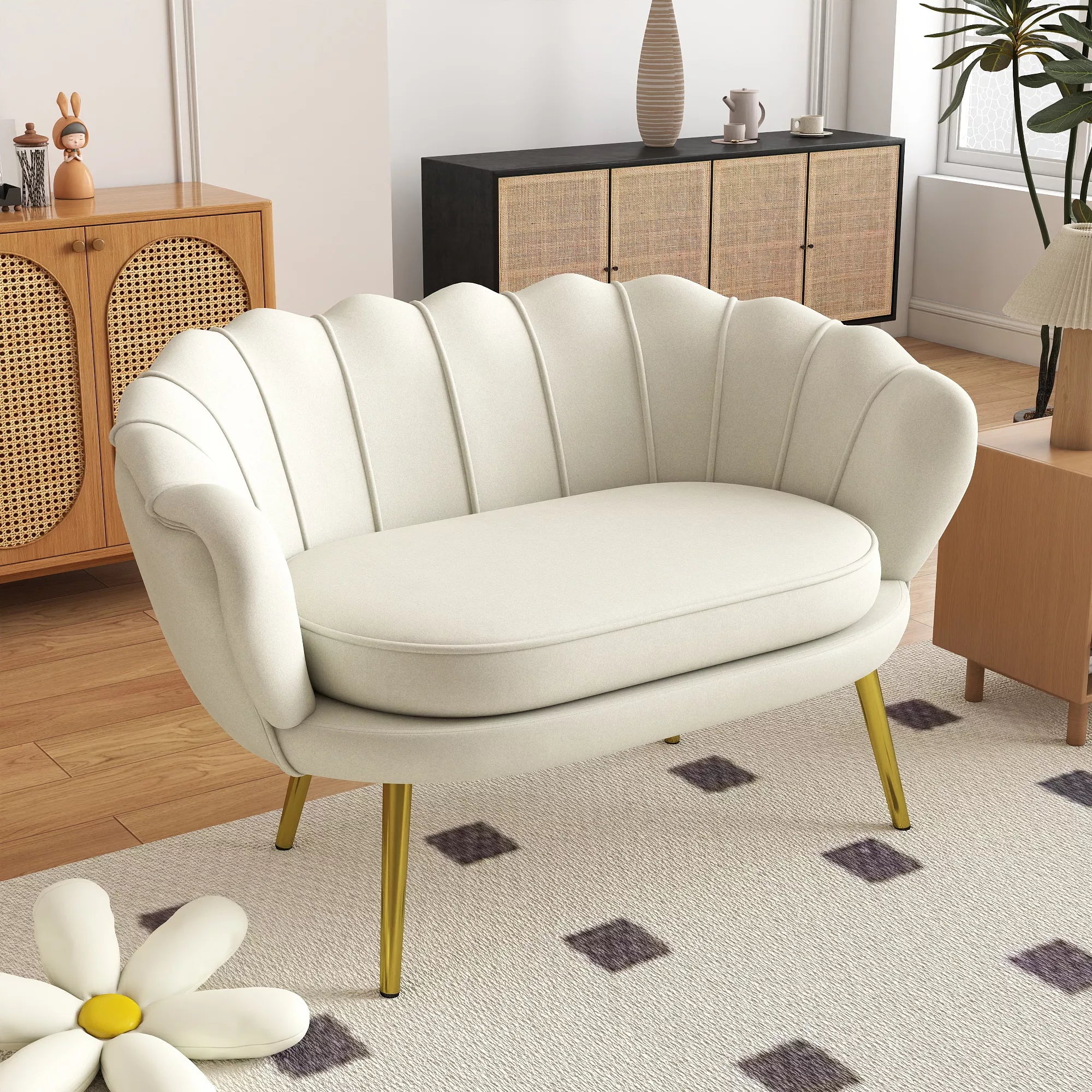 Vintage 2-vietė sofa, kušetė, minkštieji baldai, aksomo išvaizda, iki 150 kg, kreminė/auksinė