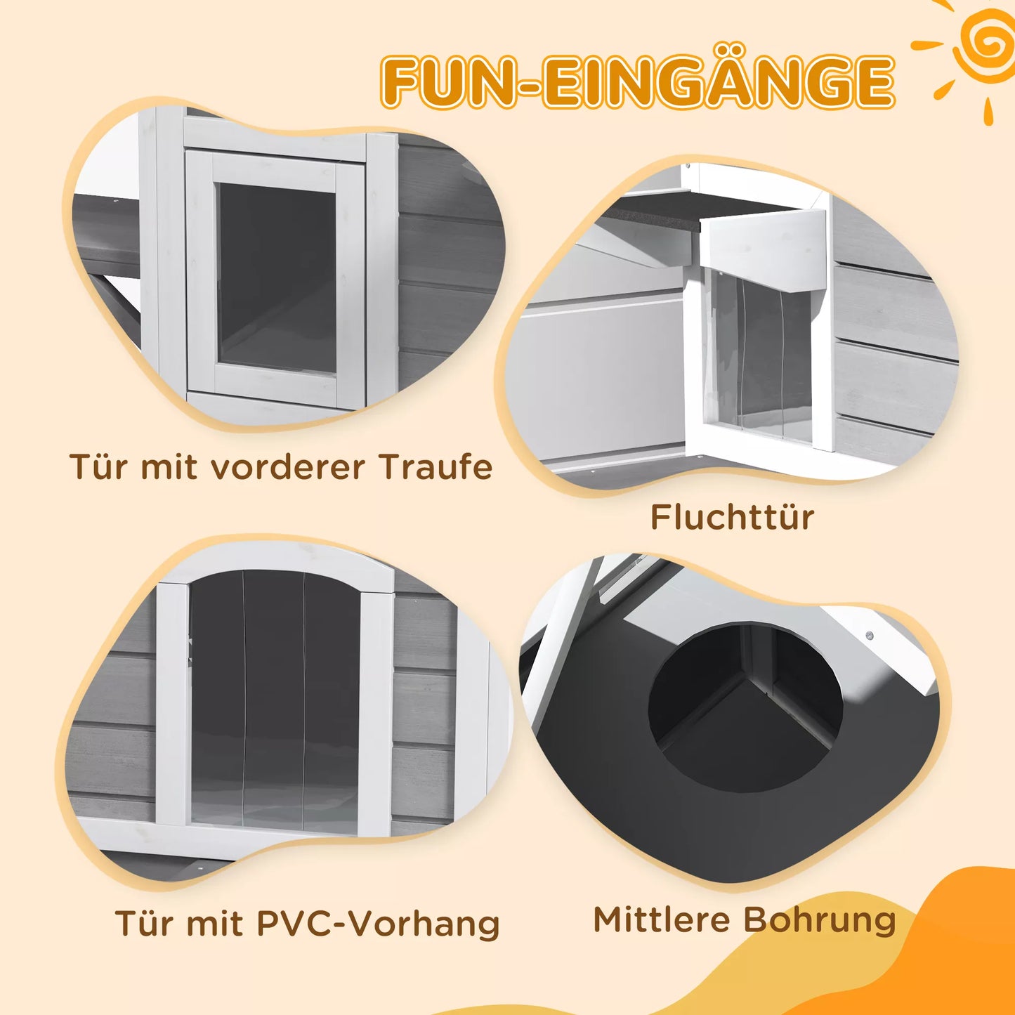 Medinis katės namelis, 2 aukštų, atsparus žiemai, neperšlampamas katės būdelė su bitumine danga, atlenkiamu dangčiu, laipteliais, katės ola lauke, sode, balkone 99,5 x 76 x 91 cm Pilka