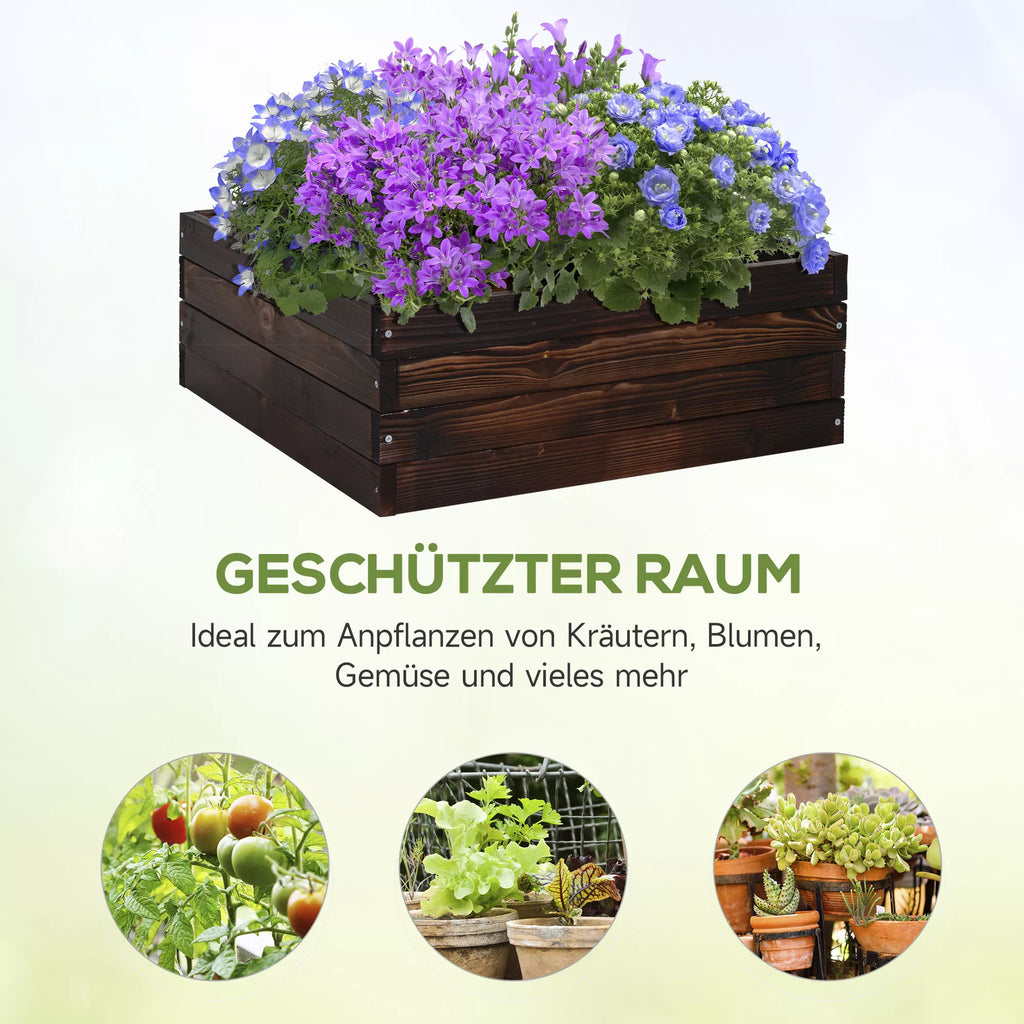 Tamsiai ruda pakelta lysvė su violetinėmis gėlėmis ir augalų pavyzdžiais