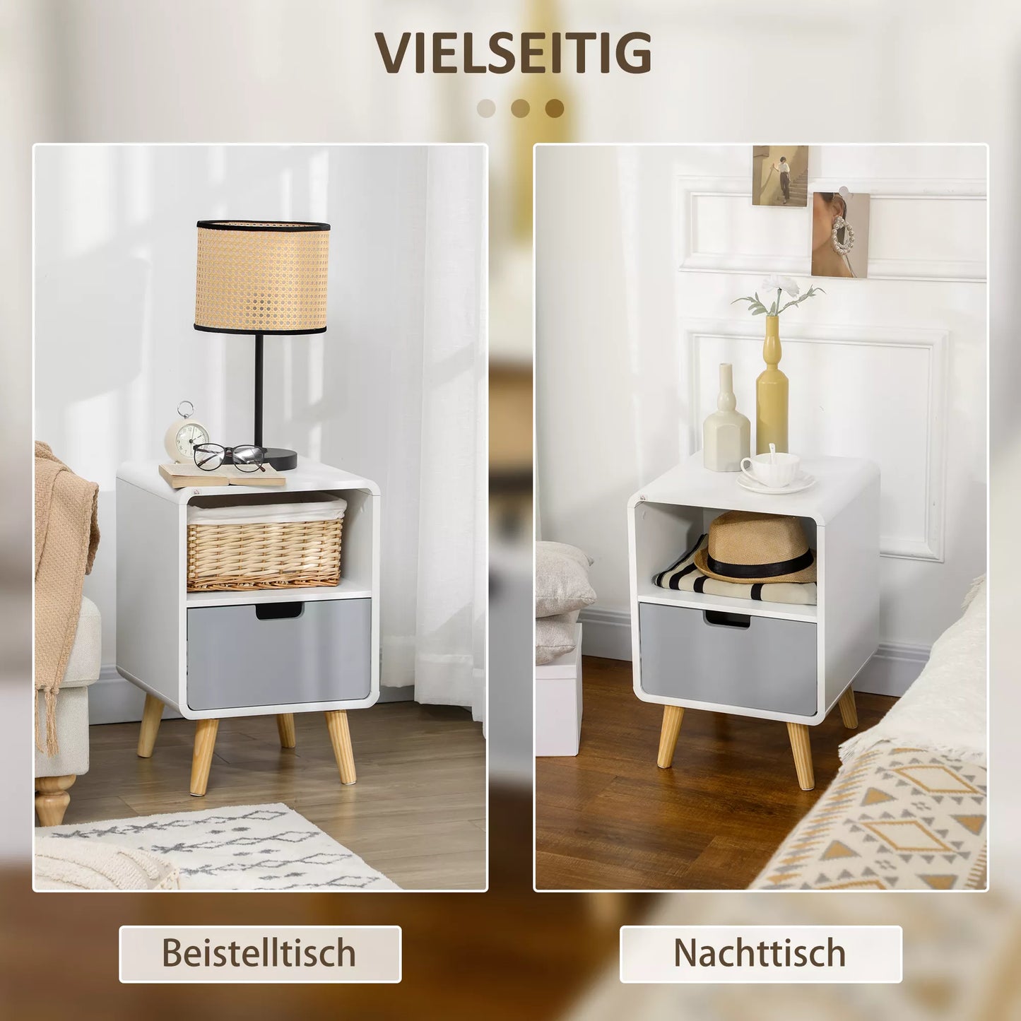 Naktinis staliukas, skandinaviško dizaino, su didele stalčiumi, vandeniui atsparus lakas, 40 x 38 x 58 cm, Balta