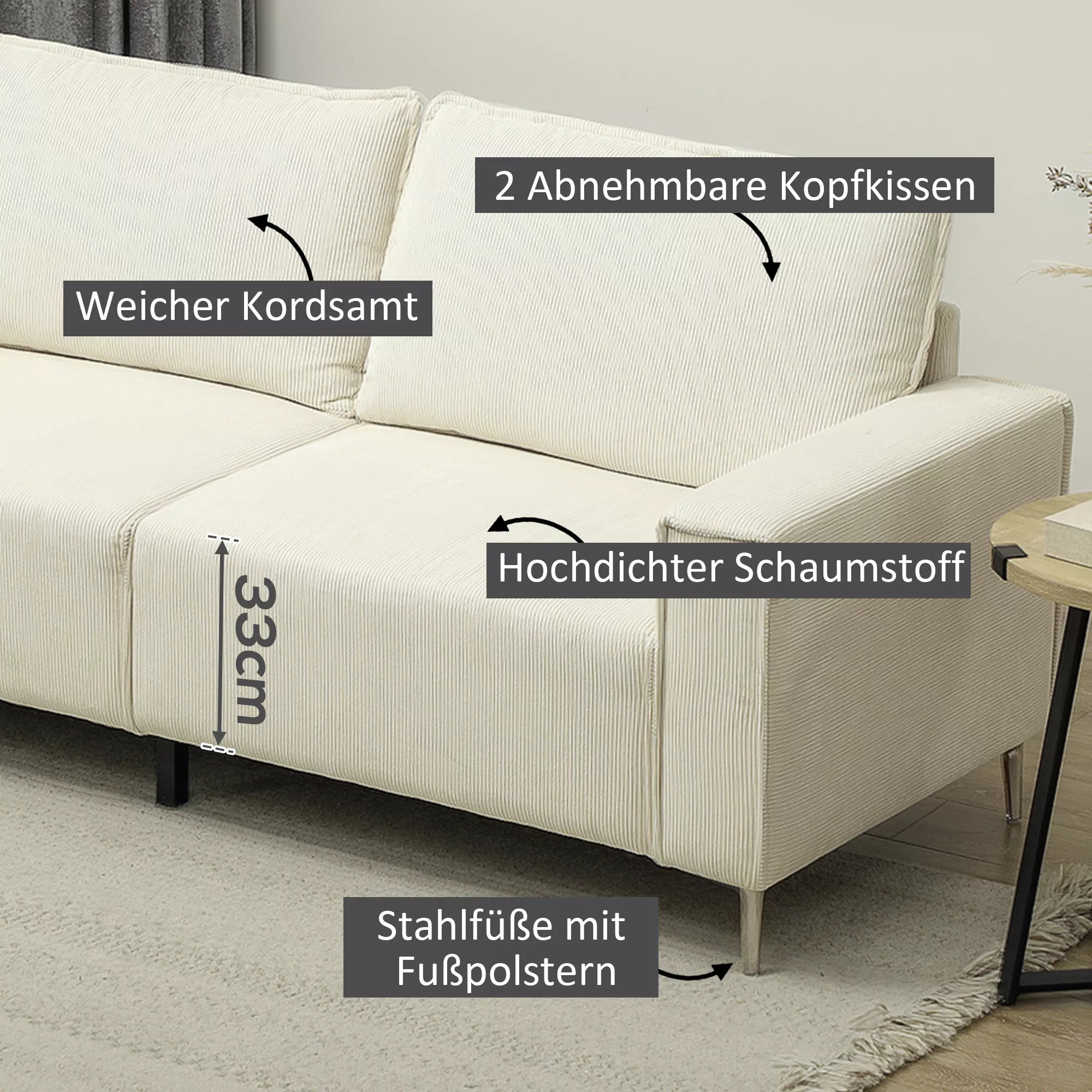 Modernus 3-vietis sofos, minkšta sofa su atlošimo pagalvėlėmis, minkšta sofa, skirta svetainei, miegamajam, namų biurui, kreminės baltos spalvos.