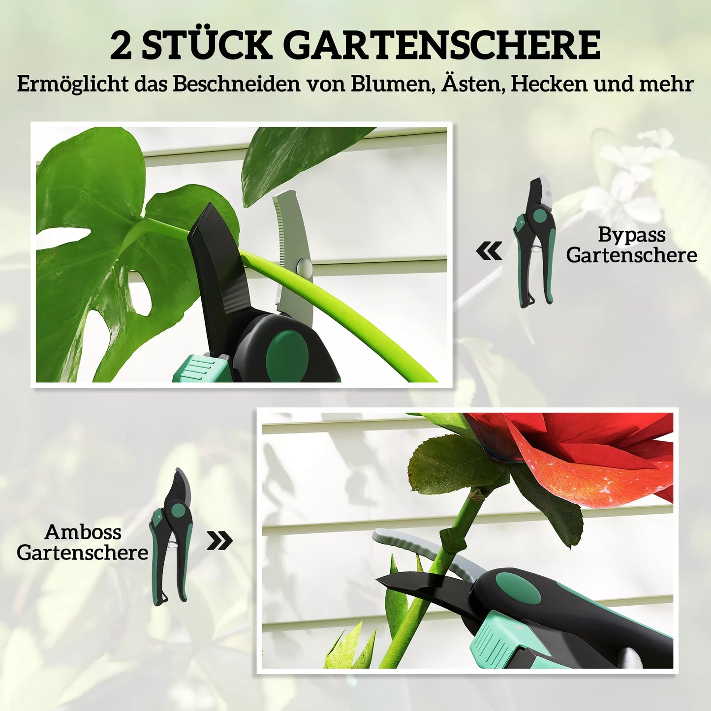 Sodo įrankių rinkinys, 2 vnt. Metaliniai sodo įrankiai su genėjimo žirklėmis, žalia+juoda