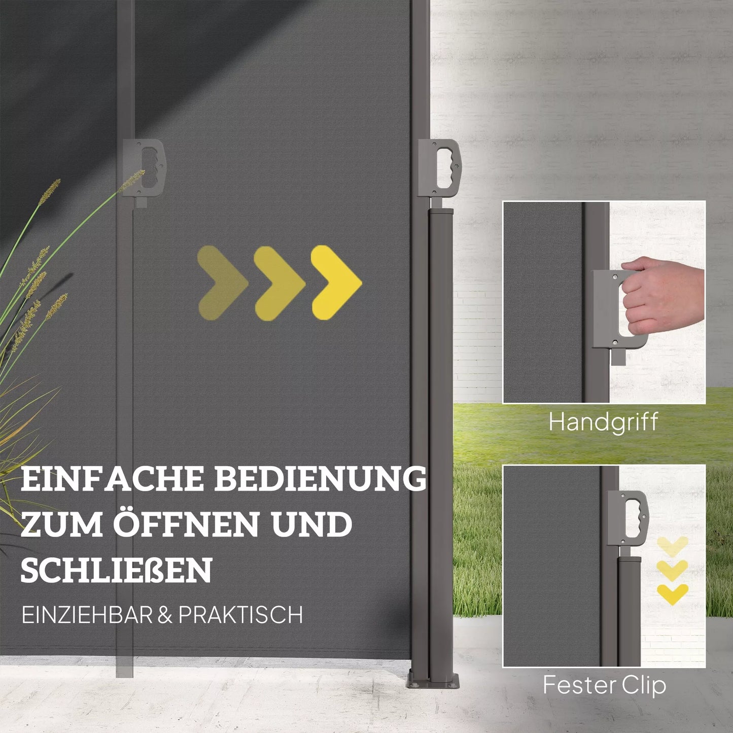 Ištraukiama šoninė markizė, nepermatoma, skirta privatumui su sieniniu laikikliu, padengta, 300x180cm, tamsiai pilka