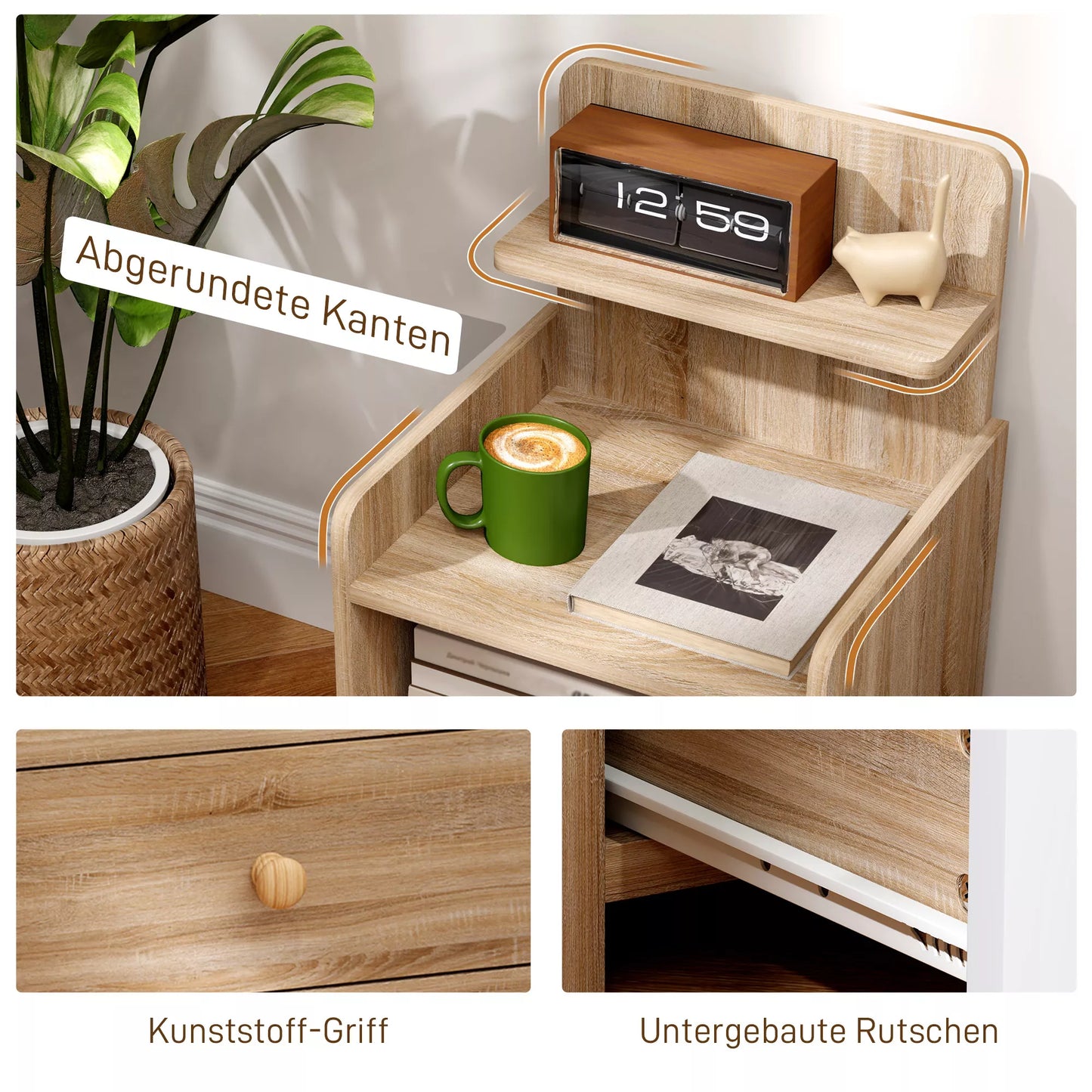 Pagalbinis staliukas, naktinis staliukas su laikymo vieta, MDP plokštė, saugus nuo apvirtimo, modernus, natūralaus medžio