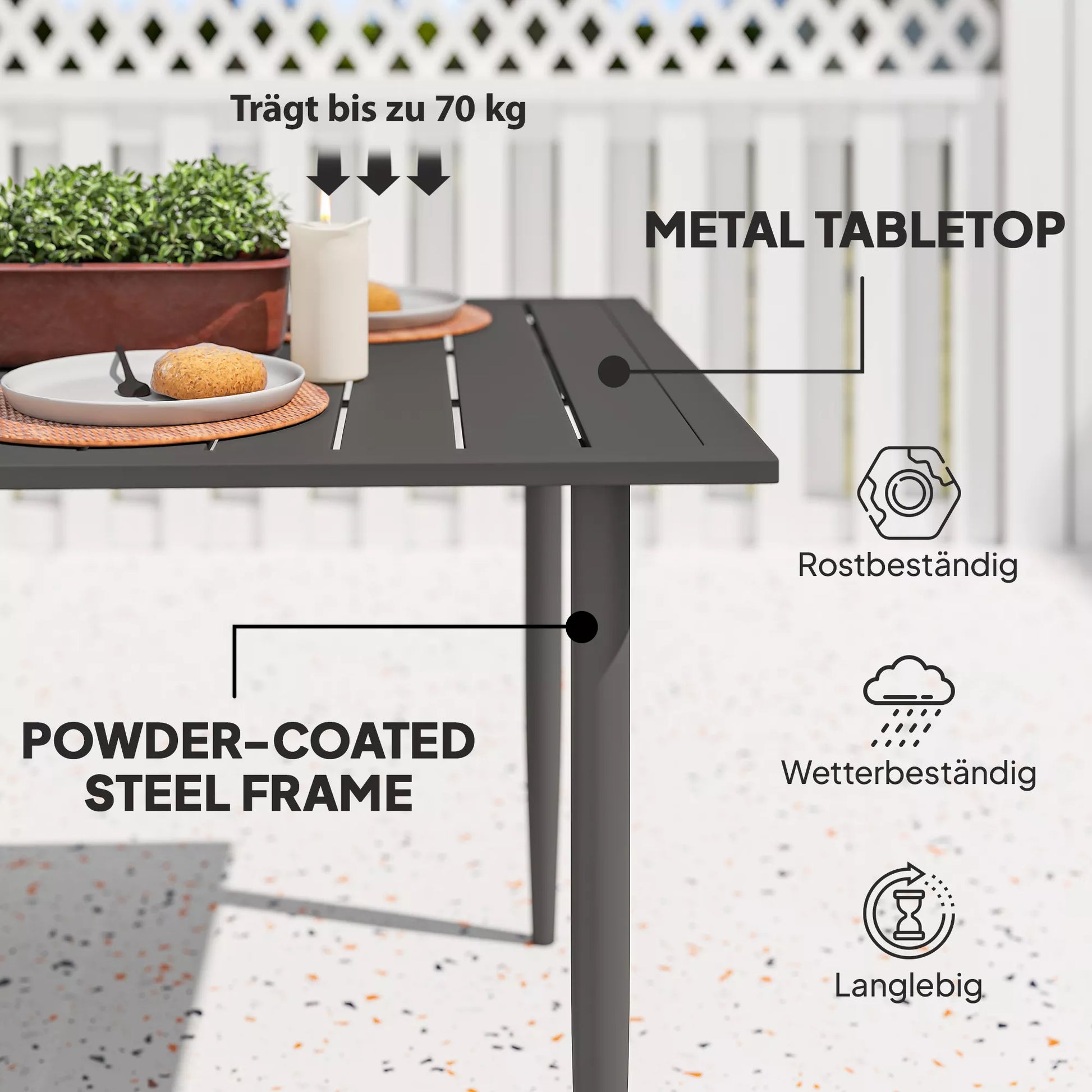 Sodo stalas 150x90 cm, atsparus atmosferos poveikiui, balkono stalas iš plieno, balkono stalas su skėčio skyle, juodos spalvos