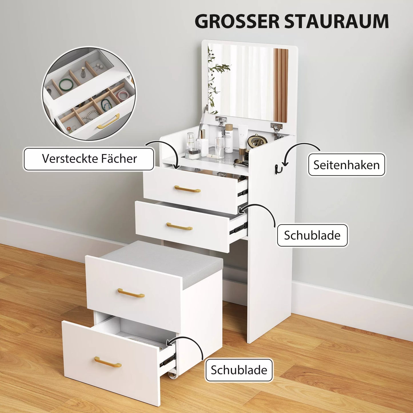 3-in-1 tualetinis staliukas su veidrodžiu, naktinis staliukas, ratukinis taburetė, stalčiai, baltas