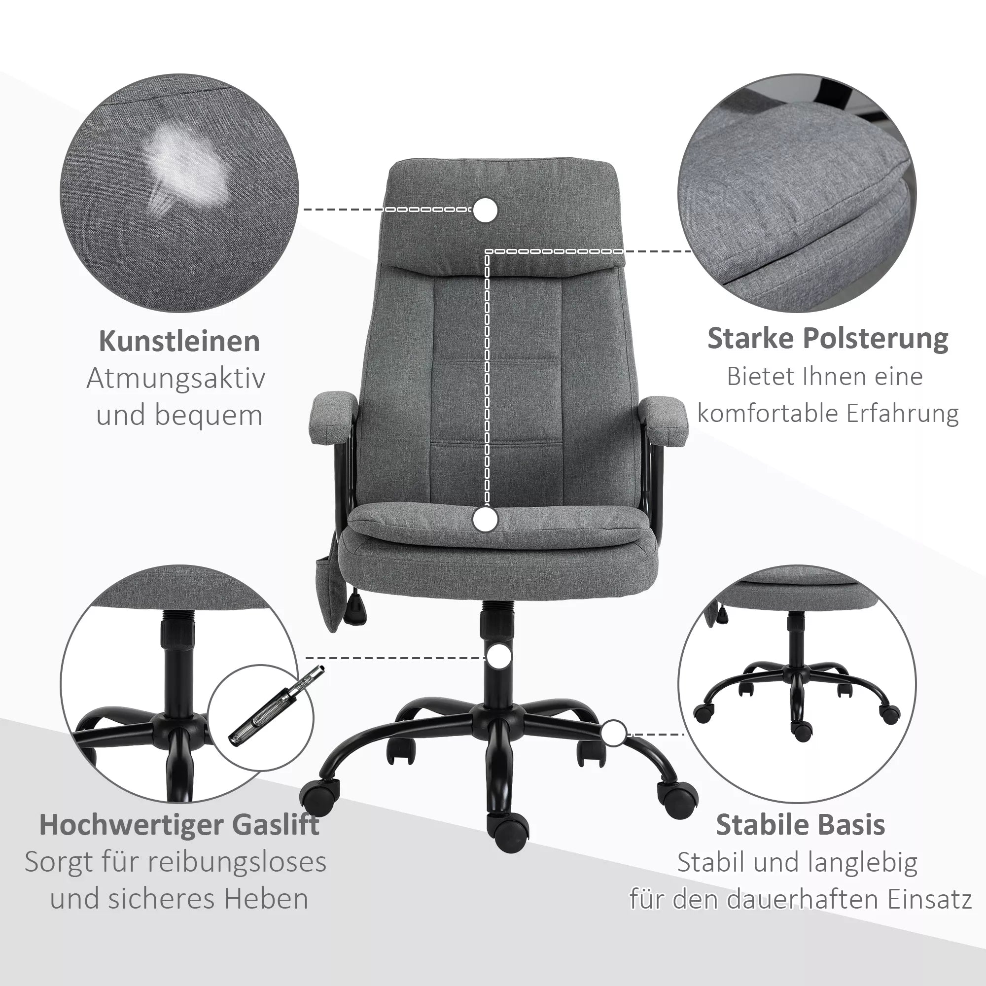 Biuro kėdė su masažu, aukščio reguliavimo, vadovo kėdė, žaidimų kėdė su masažo funkcija, ergonomiška sukama kėdė, masažinis krėslas, juosmens masažas, pilkos spalvos, su lino pojūčiu, 63 x 70 x 112-121 cm