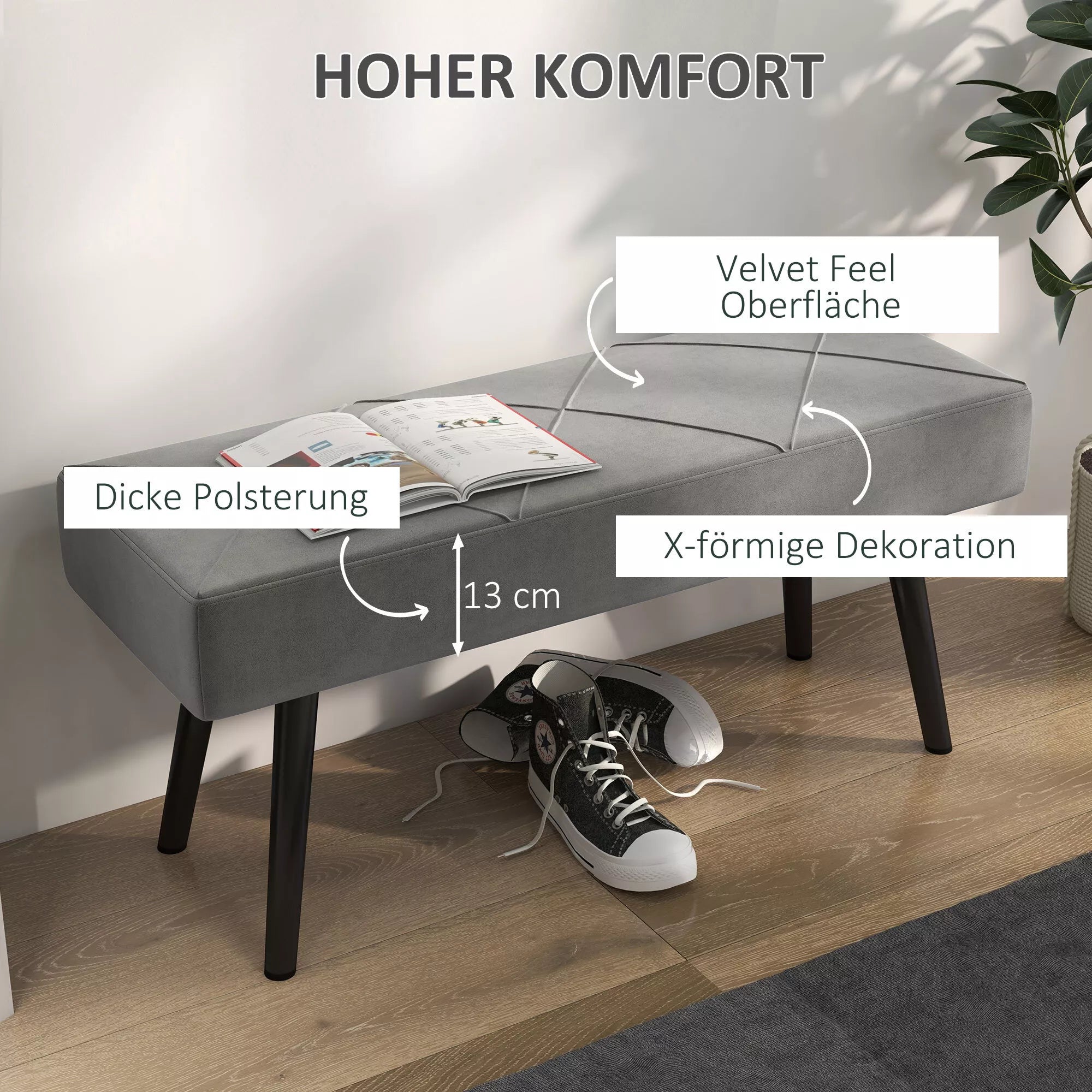 Sėdimoji sofa, minkšta sofa, lovos sofa, aksomo išvaizda, 100 x 36 x 45 cm, pilka