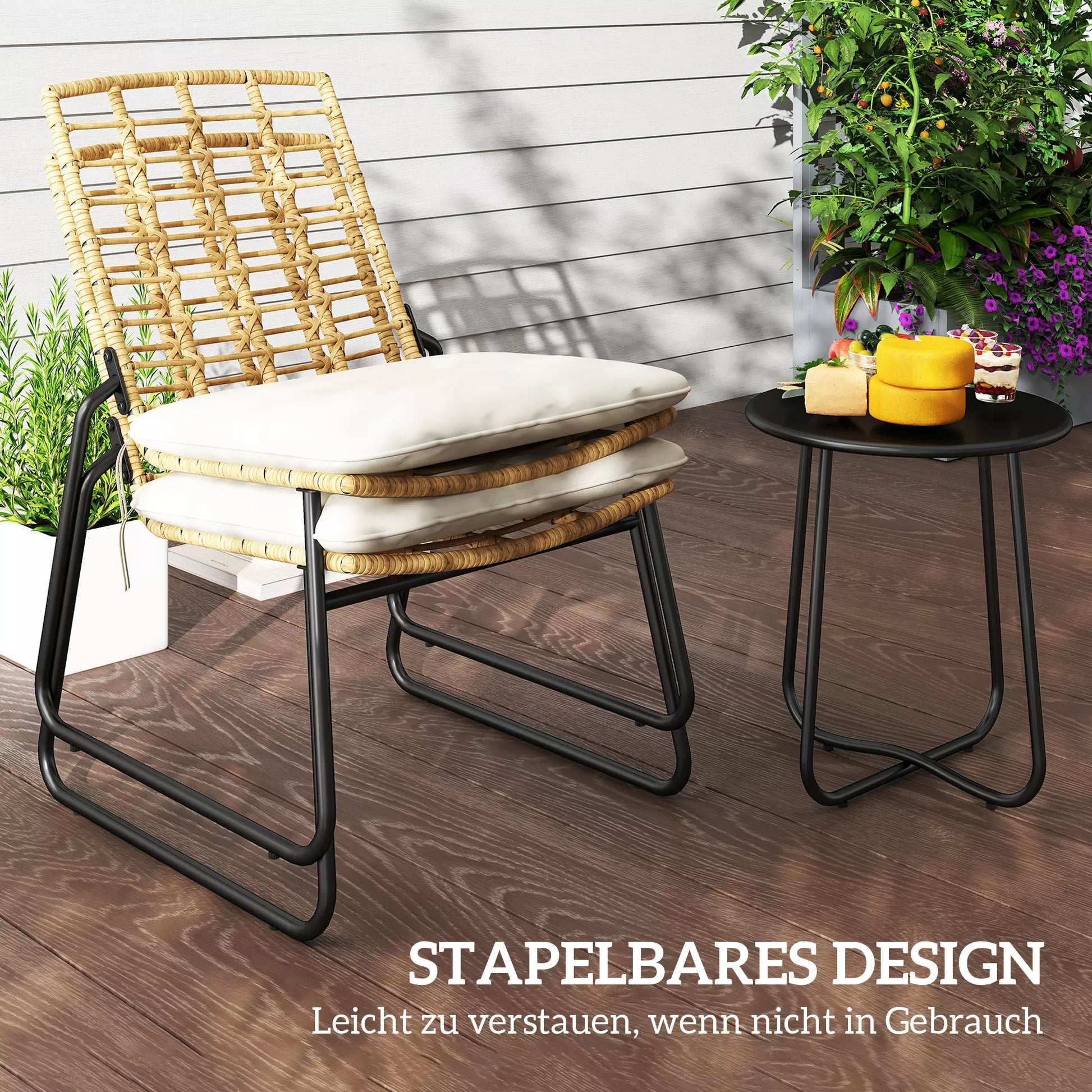 3 dalių sodo baldų komplektas, 2 rotango kėdės, 1 stalas su metaline plokšte, sėdimosios pagalvėlės, bistro komplektas, smėlio spalvos ir ruda