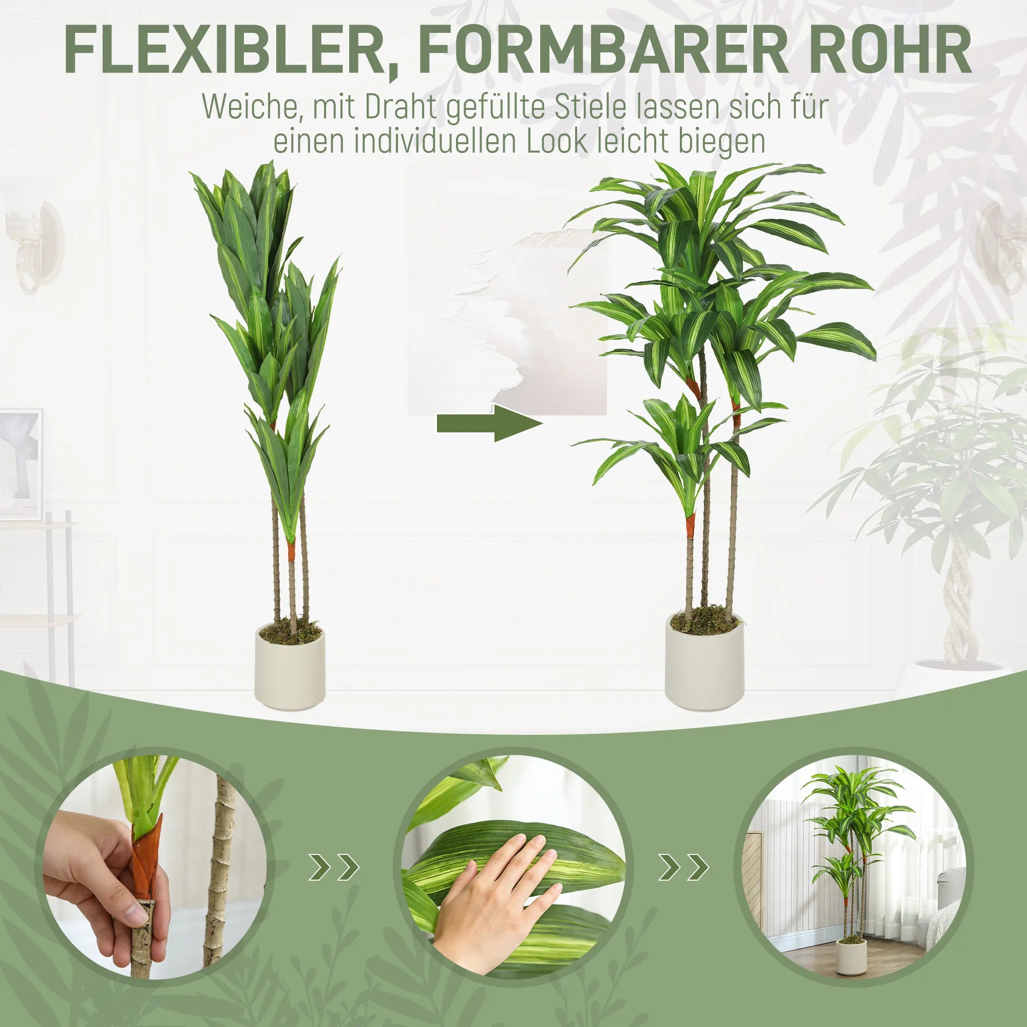 Dirbtinė dracena 120 cm su lanksčiais kamienais ir vazonu, žalia