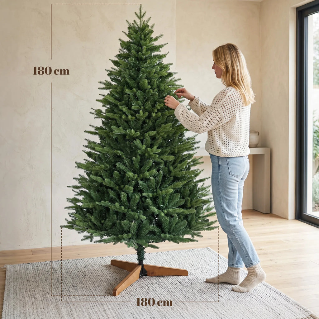 Dirbtinė kalėdinė eglutė, 180 cm, su pušies medienos stovu, 889 šakelių viršūnėlės, žalia