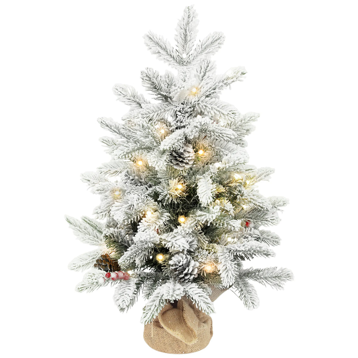 Dirbtinė Kalėdų eglutė su 35 LED lemputėmis, sniego efektu ir kankorėžiais, 60 cm, balta