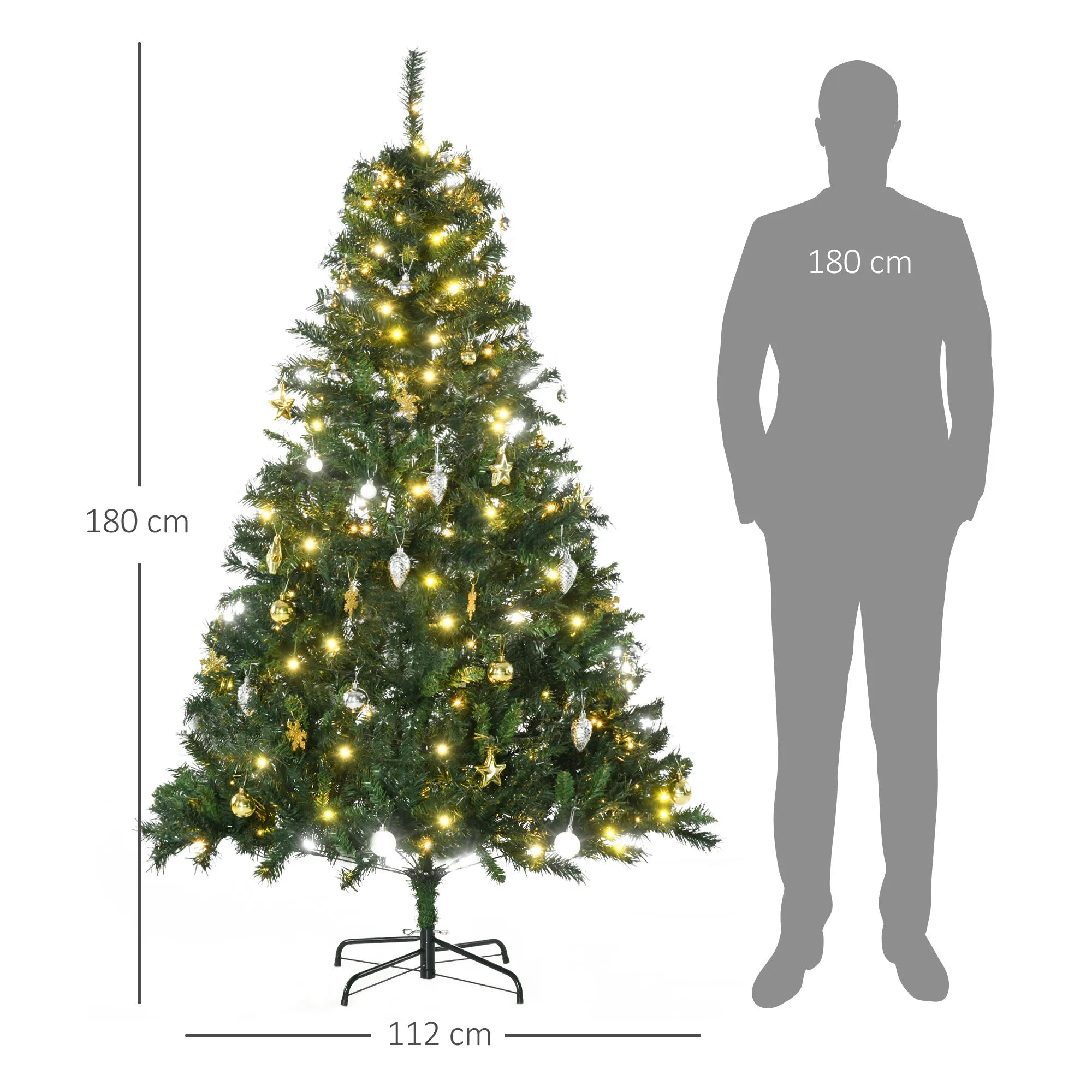 Dirbtinė Kalėdų eglutė su LED apšvietimu ir žaisliukais, 180 cm, žalia