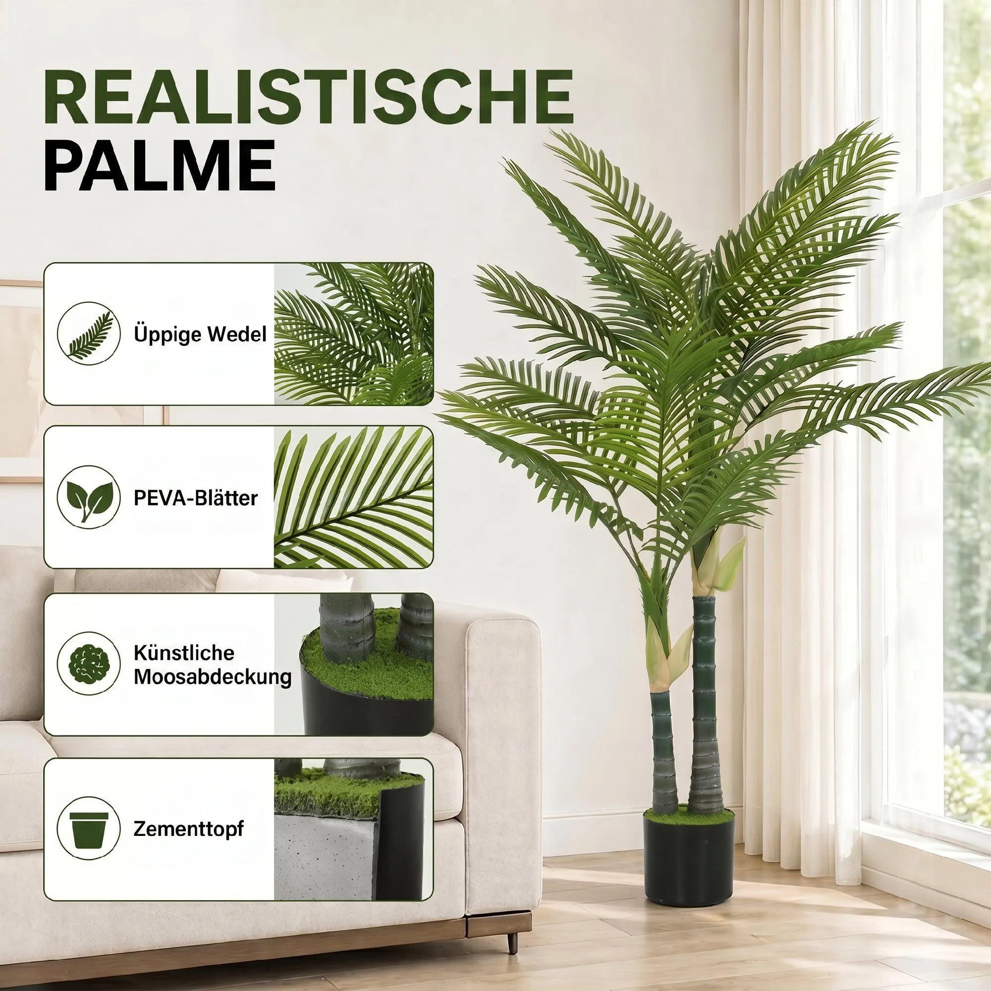 Dirbtinė palmė, 150 cm aukščio dekoratyvinė kambarinė gėlė, žalia