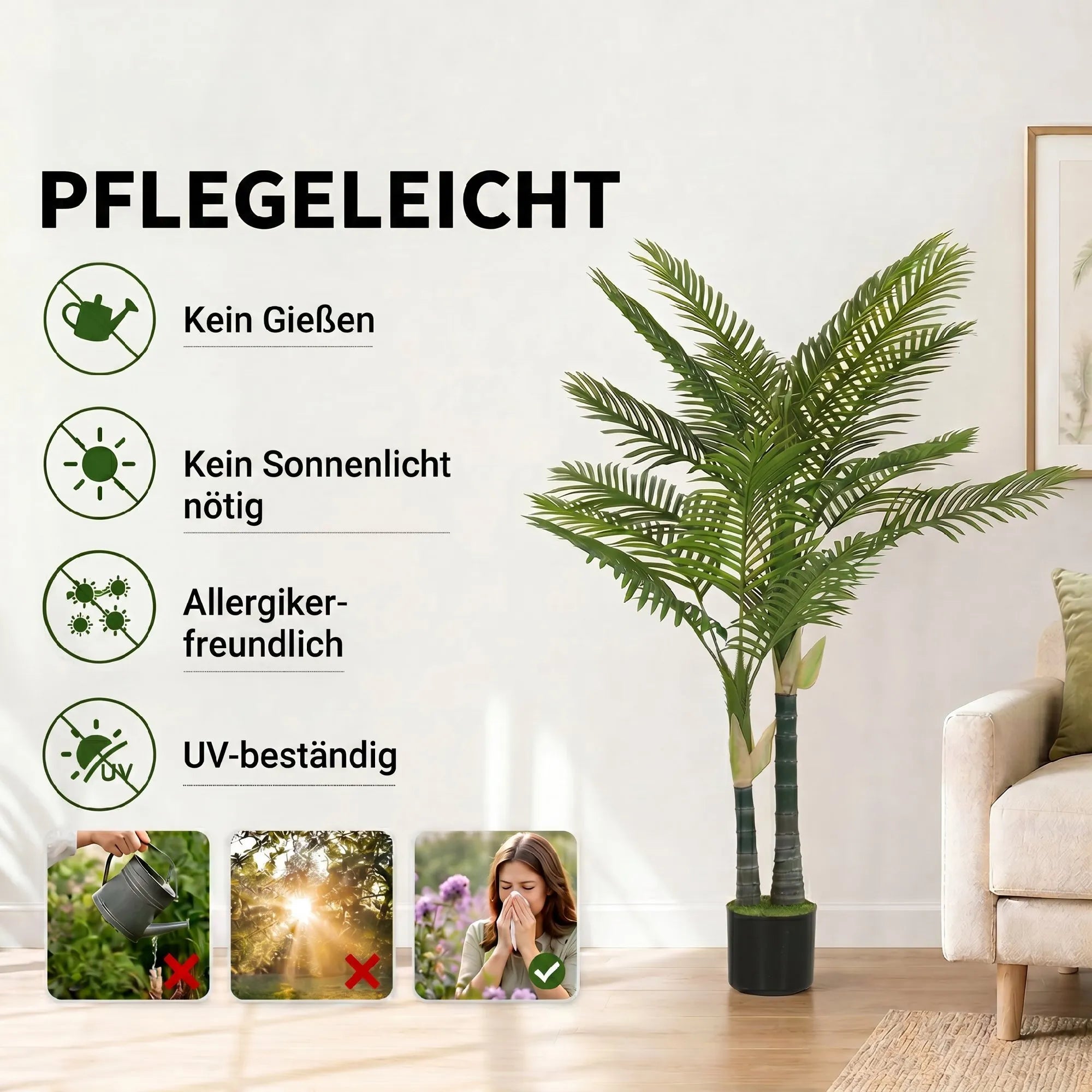 Dirbtinė palmė, 150 cm aukščio dekoratyvinė kambarinė gėlė, žalia