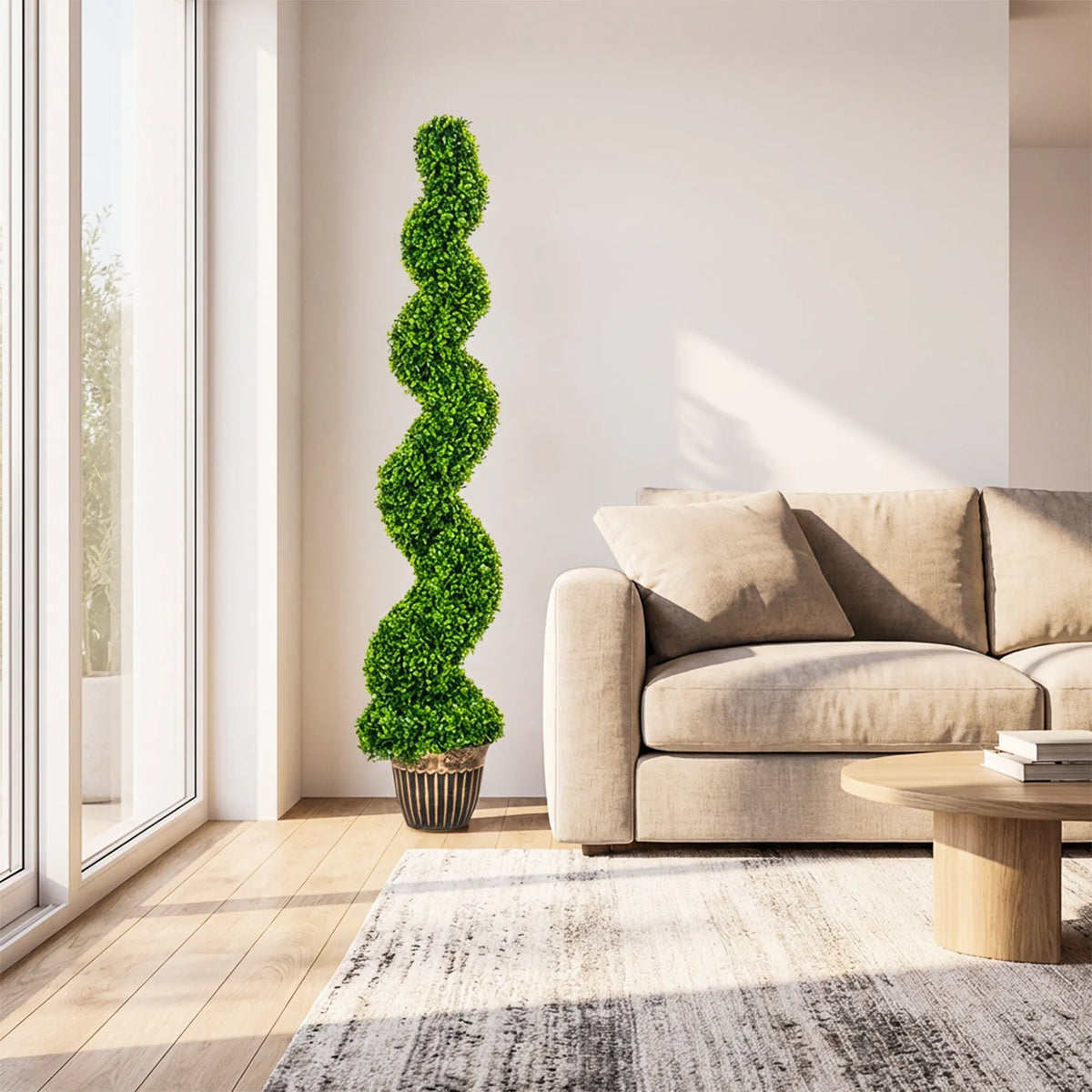 Dirbtiniai buksmedžiai, spiralės formos, 2 vnt., su vazonais, 150 cm, žali